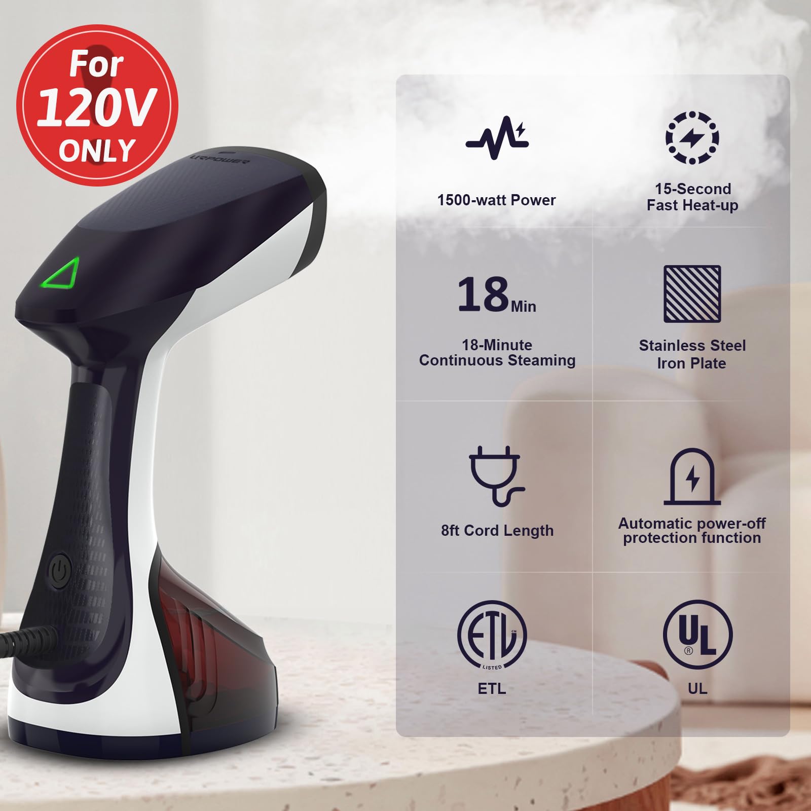 Urpower Steamer For Clothes 300Ml Clothes Steamer Handheld 15-Second Fast Heat-Up 1500W Stainless Steel Plate Travel Steamer Por