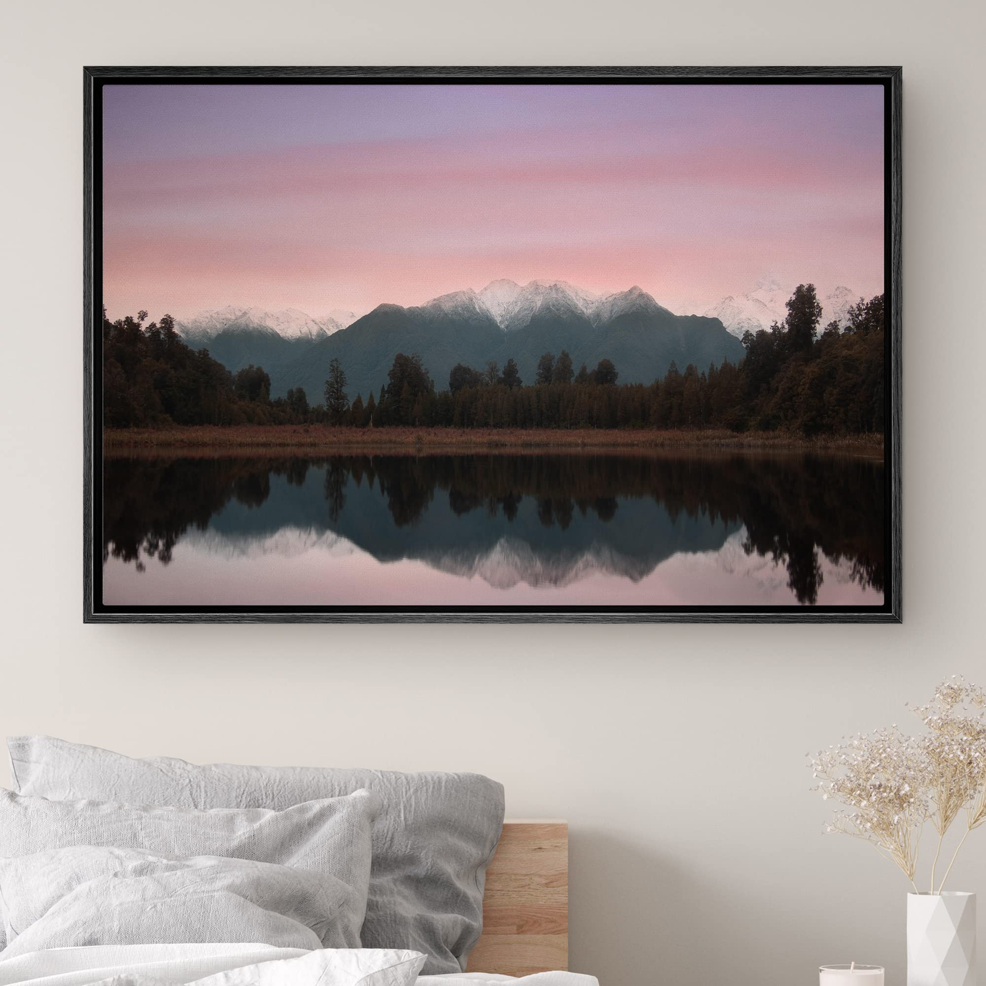 Signwin Framed Canvas Wall Art Pink And Red Sunset Over Lake Matheson, New Zealand Landscape Ocean Photography Modern Panoramic