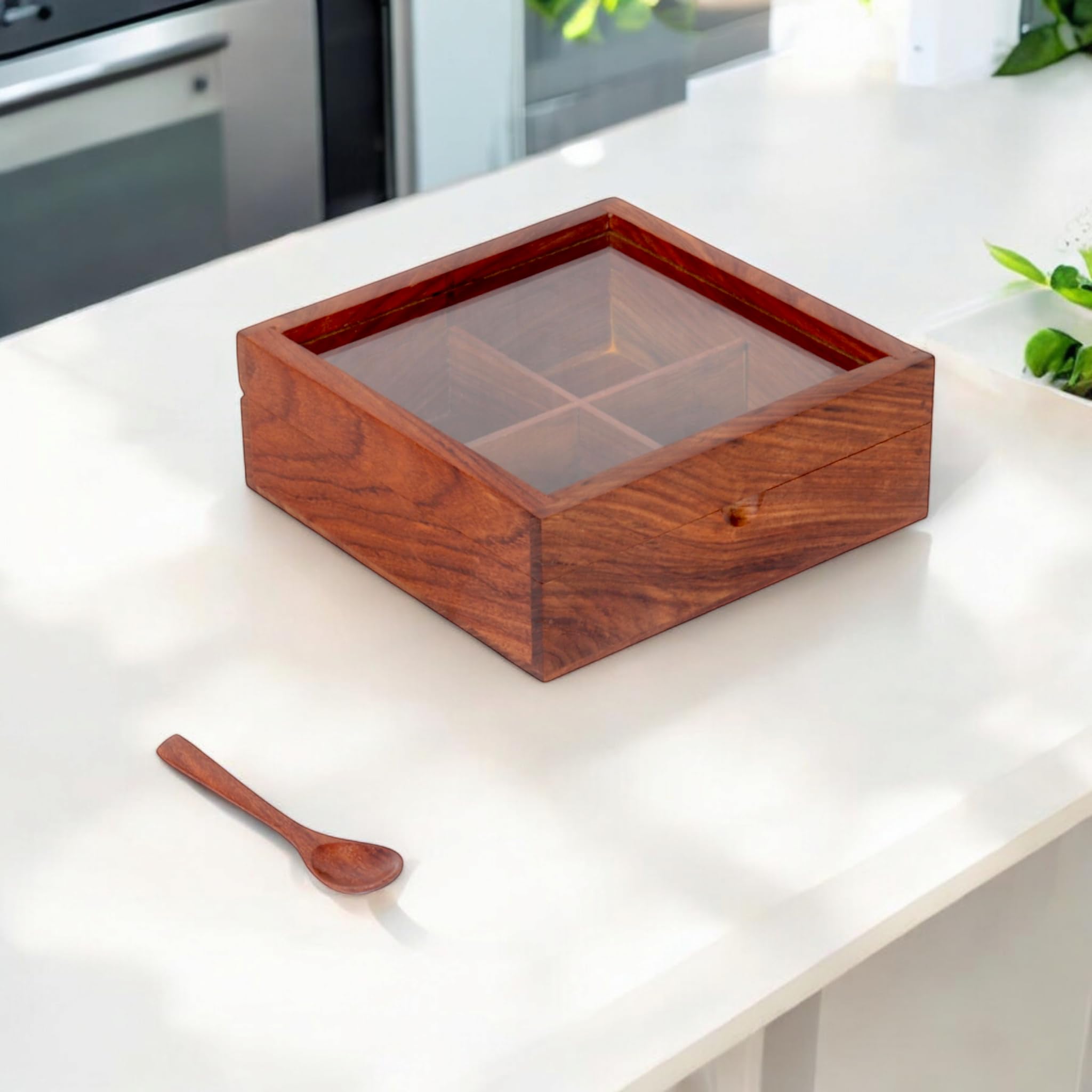 Wooden Spice Box With 4 Partitions & Spoon, Mukhwas For Refereshment, Spice Container For Kitchen, Masala Dabba, Namakdani For K