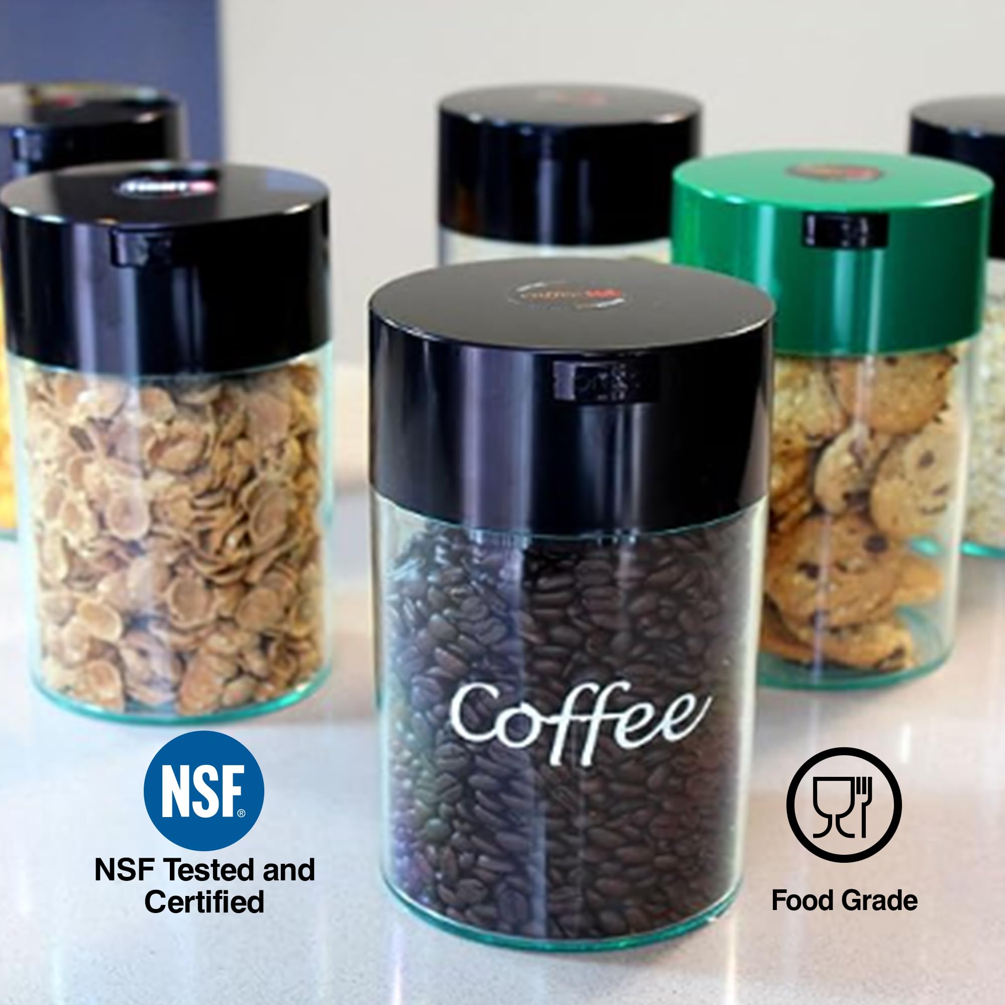 Coffeevac 1Lb Patented Airtight Multi-Use Vacuum Works As Smell Proof Ground Coffee Bean Containers. Black Cap And Body, 1.85-Li