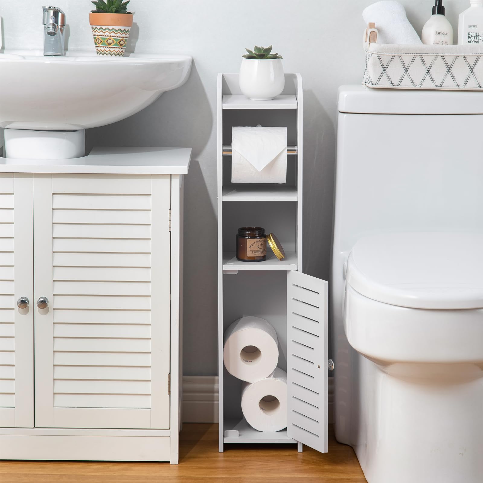 Toilet Paper Holder Stand  Storage Cabinet Beside Toilet for Small Space Bathroom with Toilet Roll Holder  White by AOJEZOR