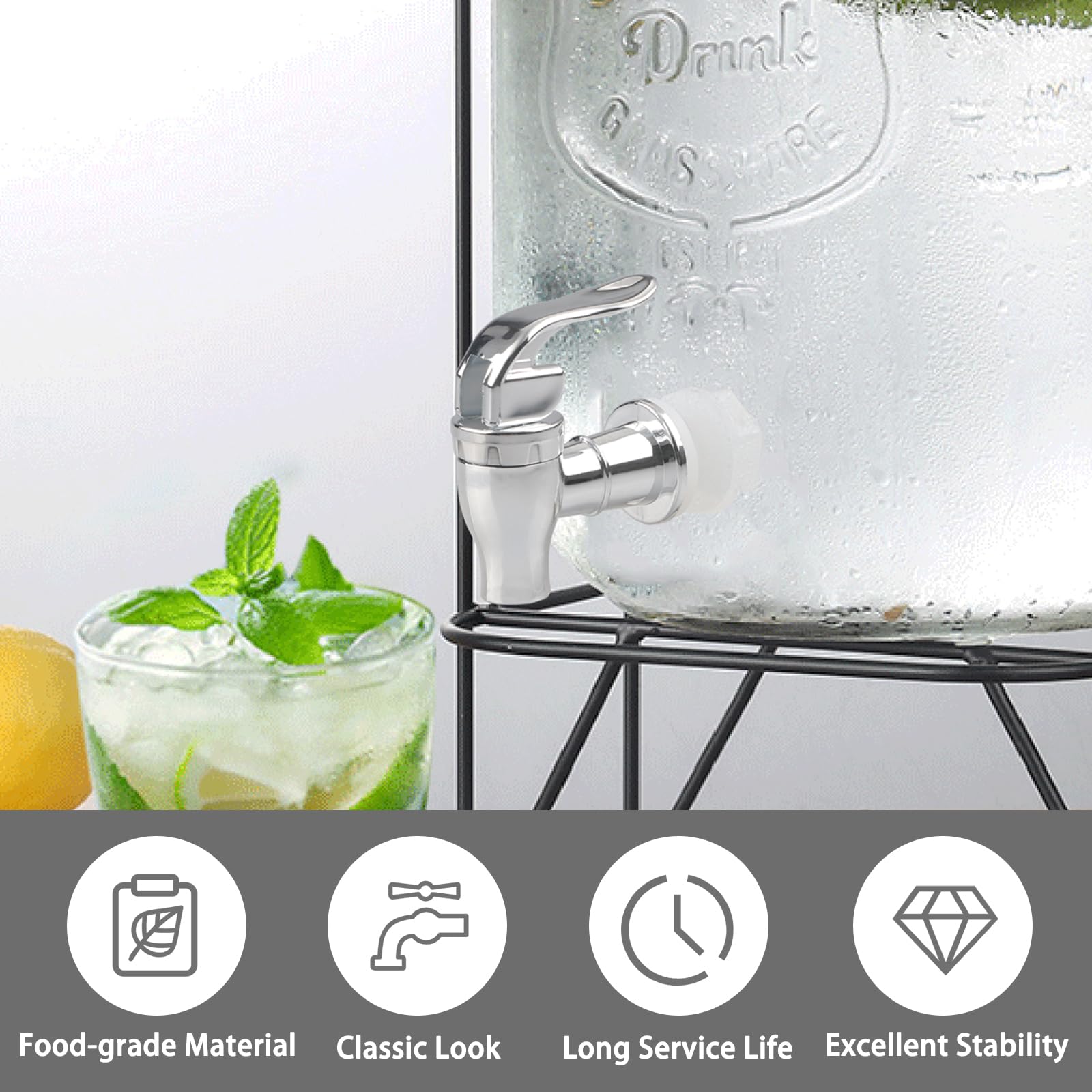 2Pcs Replacement Spigot For Beverage Dispenser Drink Dispenser Push Style Spigot Silver Plastic Spout Tap For Glass Jar, Beverag