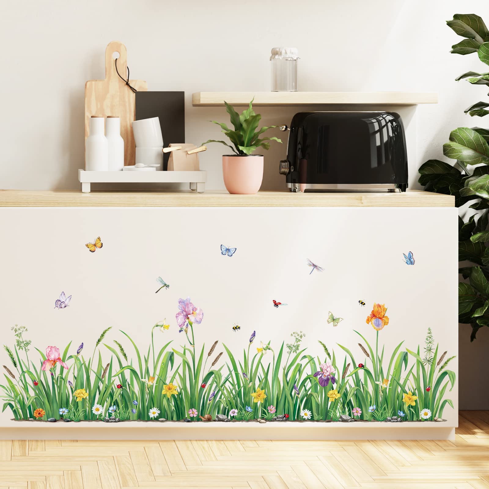 decalmile Green Grass Flower Wall Corner Decals Floral Butterfly Baseboard Skirting Line Wall Stickers Bedroom Living Room Wall Art Decor (Width:162CM)