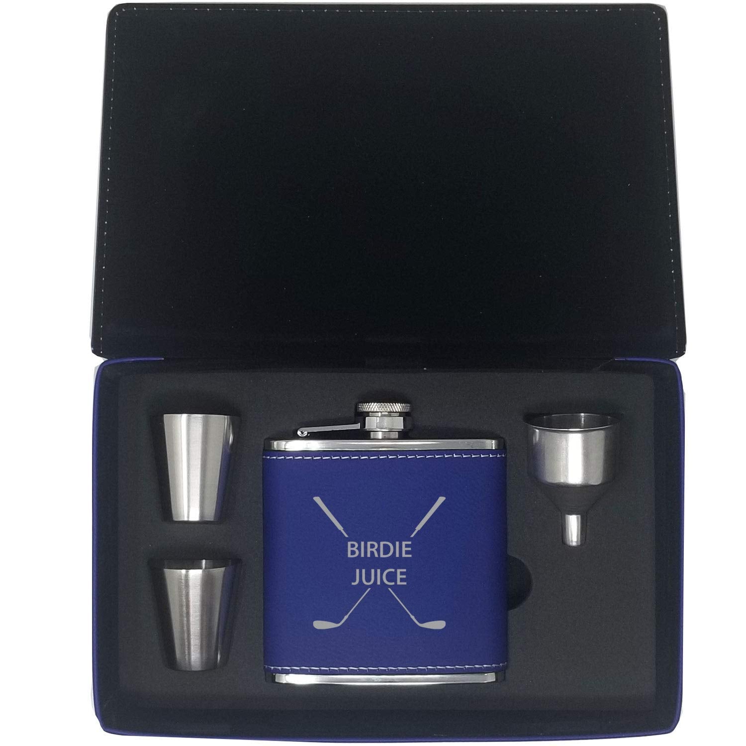 Birdie Juice Flask, Funnel, Shot Glasses, And Gift Box - Golfing Birdie Juice Hip Stainless Steel Leatherette Metal Matte 6-Ounc