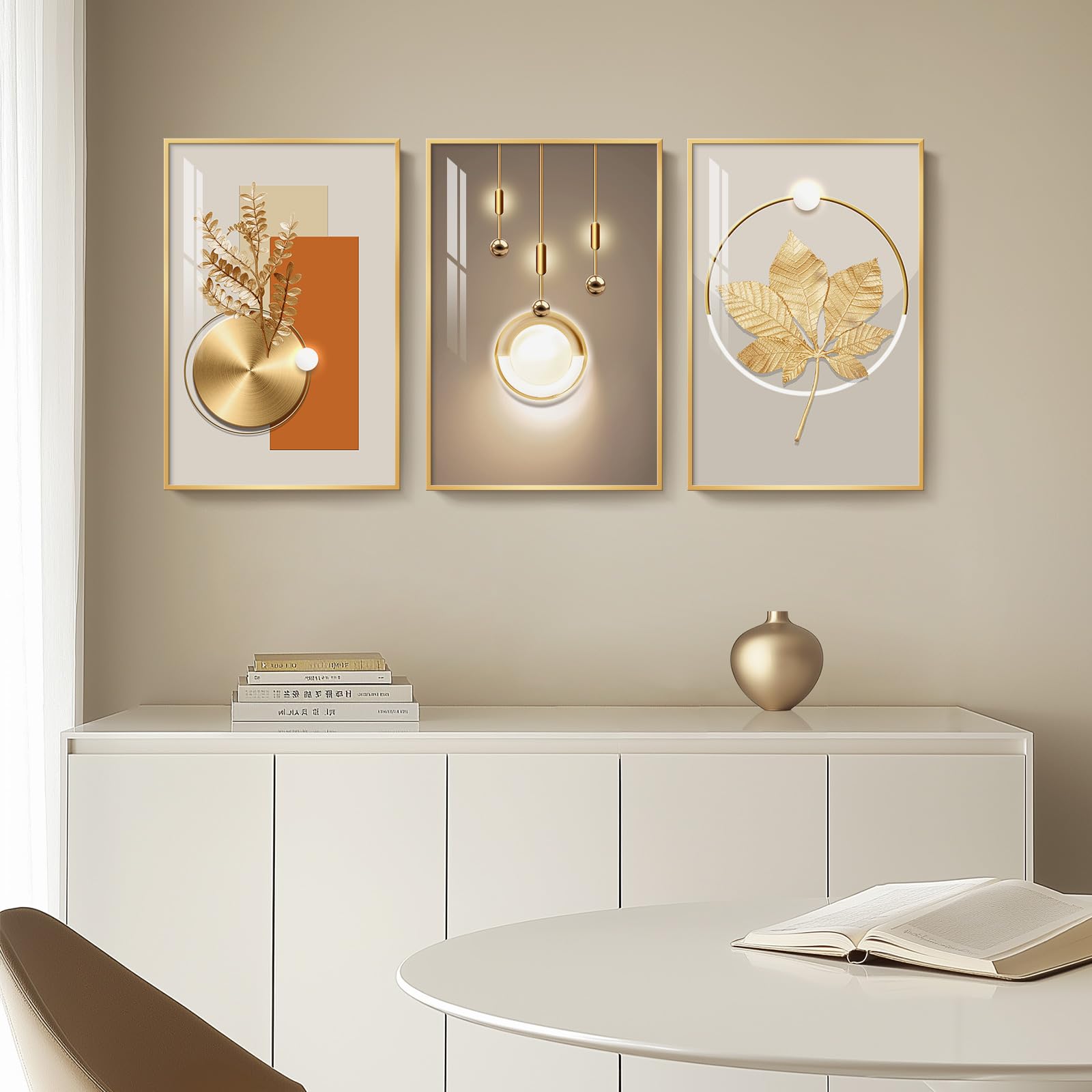 Framed Modern Luxury Gold Wall Art, Set Of 3 Piece Contemporary Paintings Artwork For Walls, Golden Prints Pictures With Gold Fr