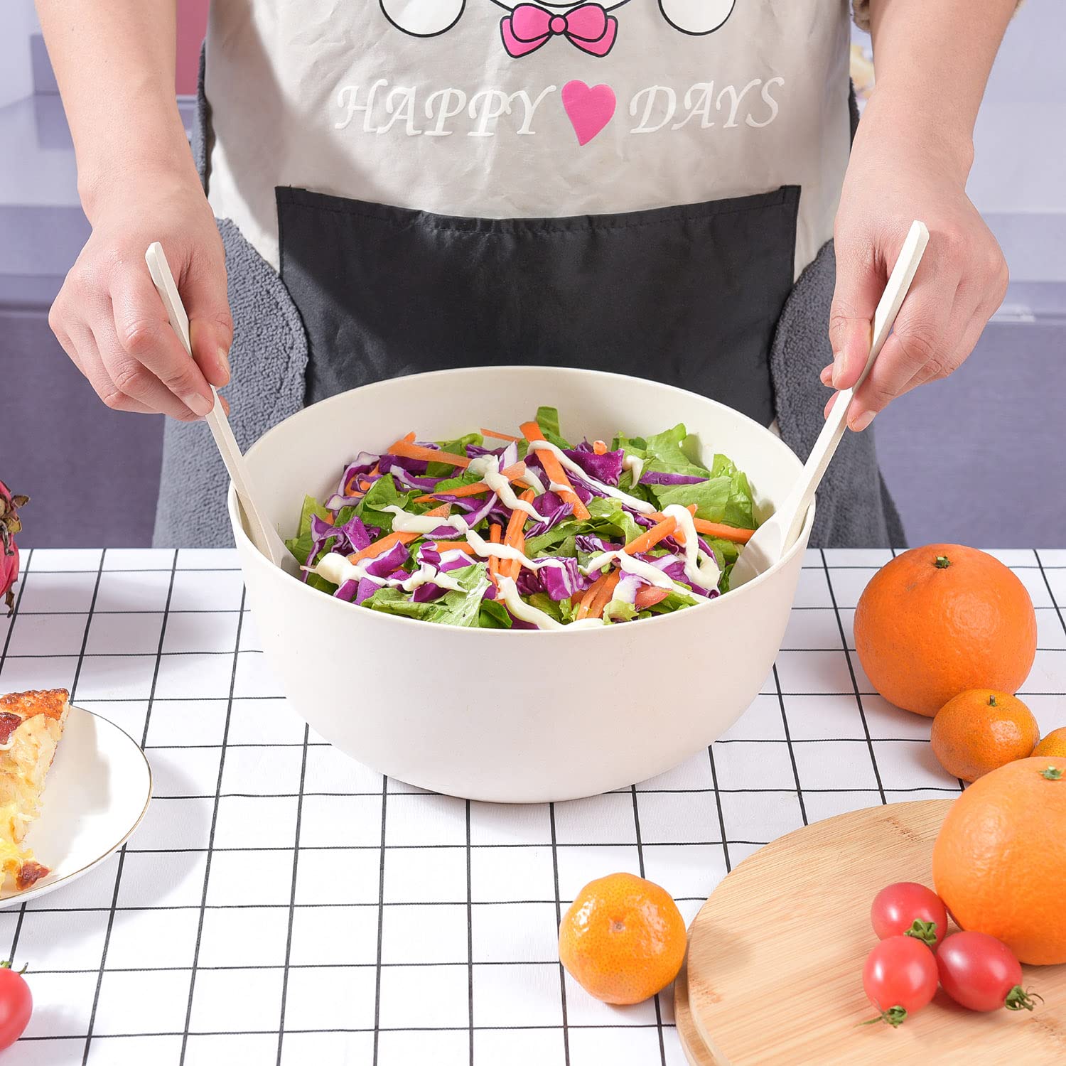 Lovyanxue Bamboo Fiber Salad Bowl With Servers Set Large 98Inches Nature Bamboo Mixing Bowl With Servers With Lid Spoon And Fork