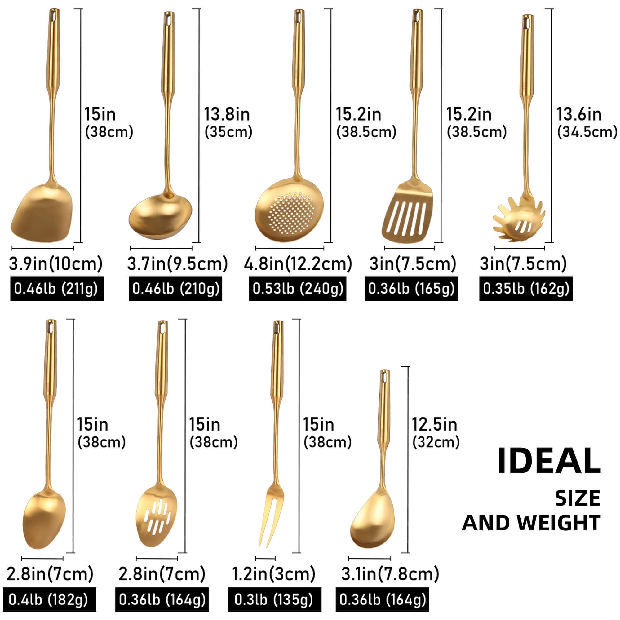 Gold Kitchen Utensils Set - 9 Pcs 304 Stainless Steel All Metal Cooking Tools, 15'' Long Serving Utensils With Fork, Solid/Slott