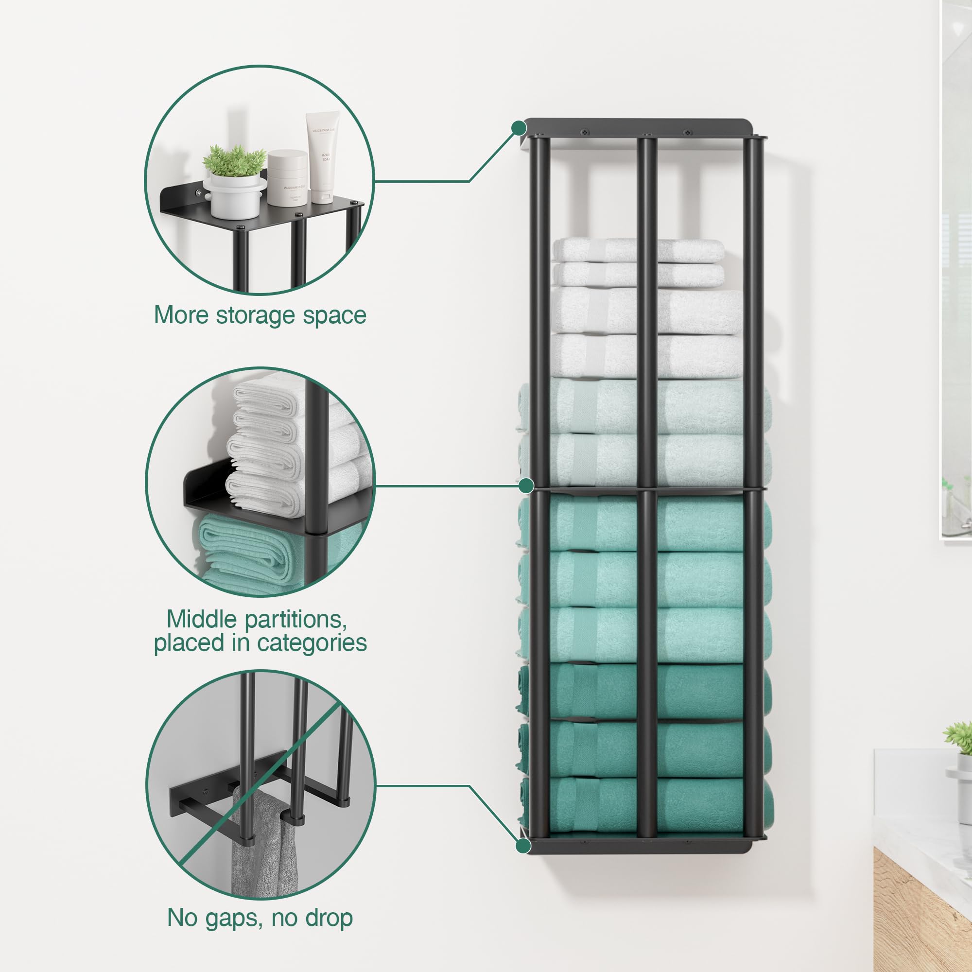 Susswiff Towel Racks For Bathroom, Wall Mounted Towel Holder, 2 Tier Towel Rack With Shelf, Heavy Duty Bath Towel Holder, Black,