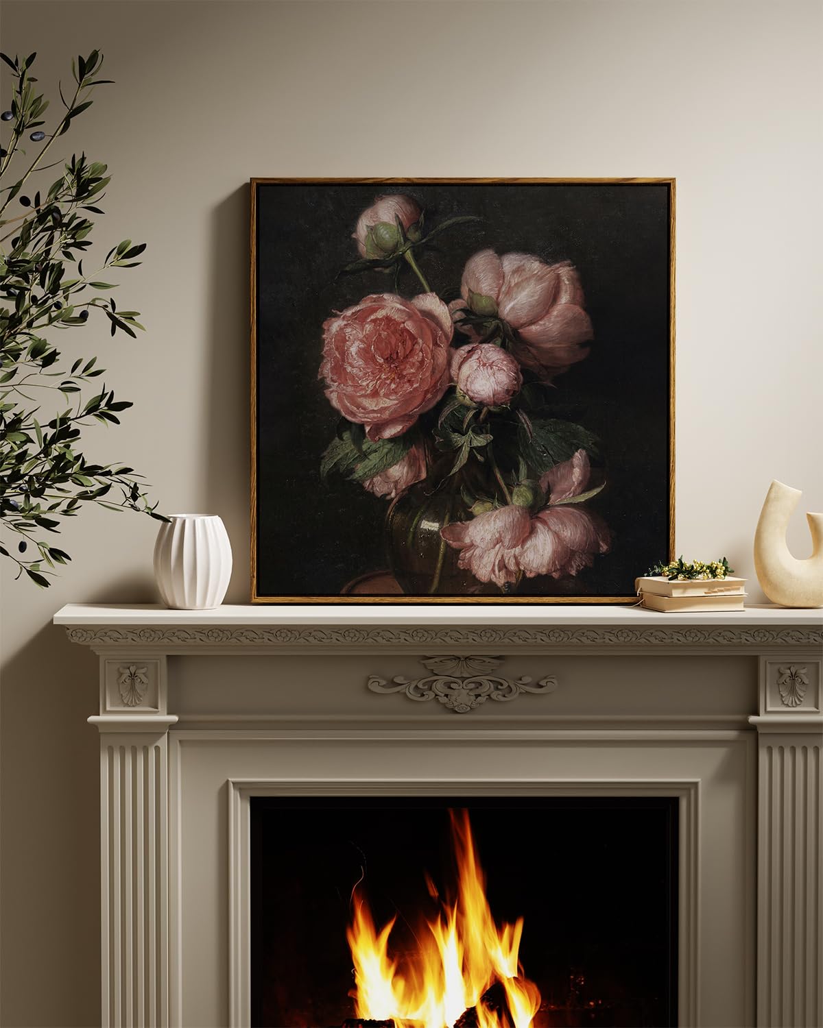Insimsea Square Framed Canvas Wall Art, Large Decor Vintage Peony Flower Paintings, Floral Wall Pictures For Bedroom Bathroom Li