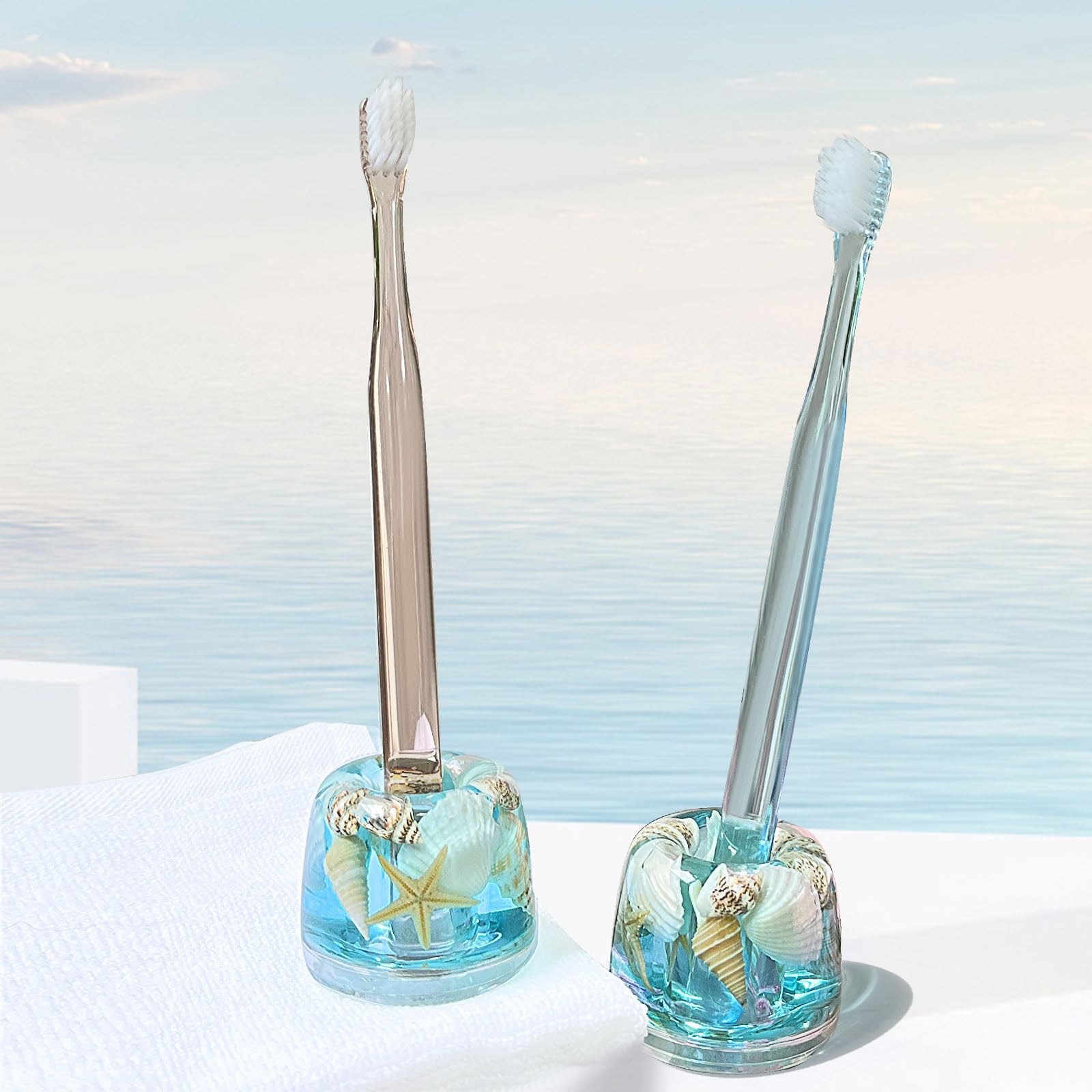 Fonmy Mini Couple Toothbrush Holder Stand-Acrylic W/Nature Seashell Handmade Seascape Razor Holders Organizer For Bathroom Vanit