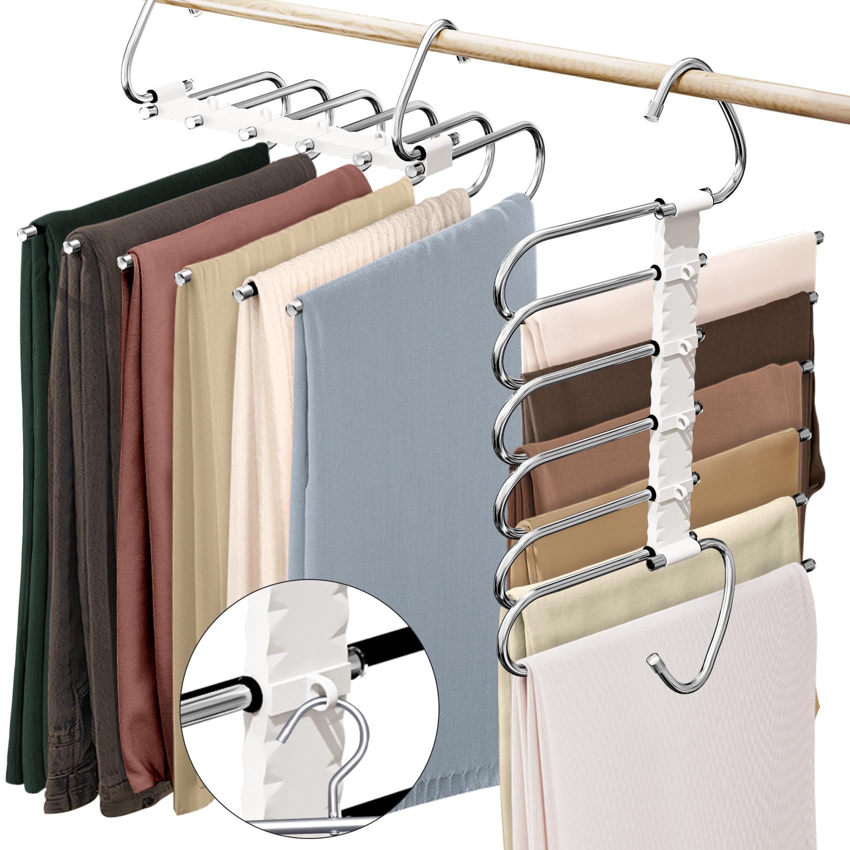 Upgrade 6 Layers Pants Hangers Space Saving, 2 Pack Non Slip Stainless Steel Multifunctional Pants Rack S-Type Pant Closet Hange
