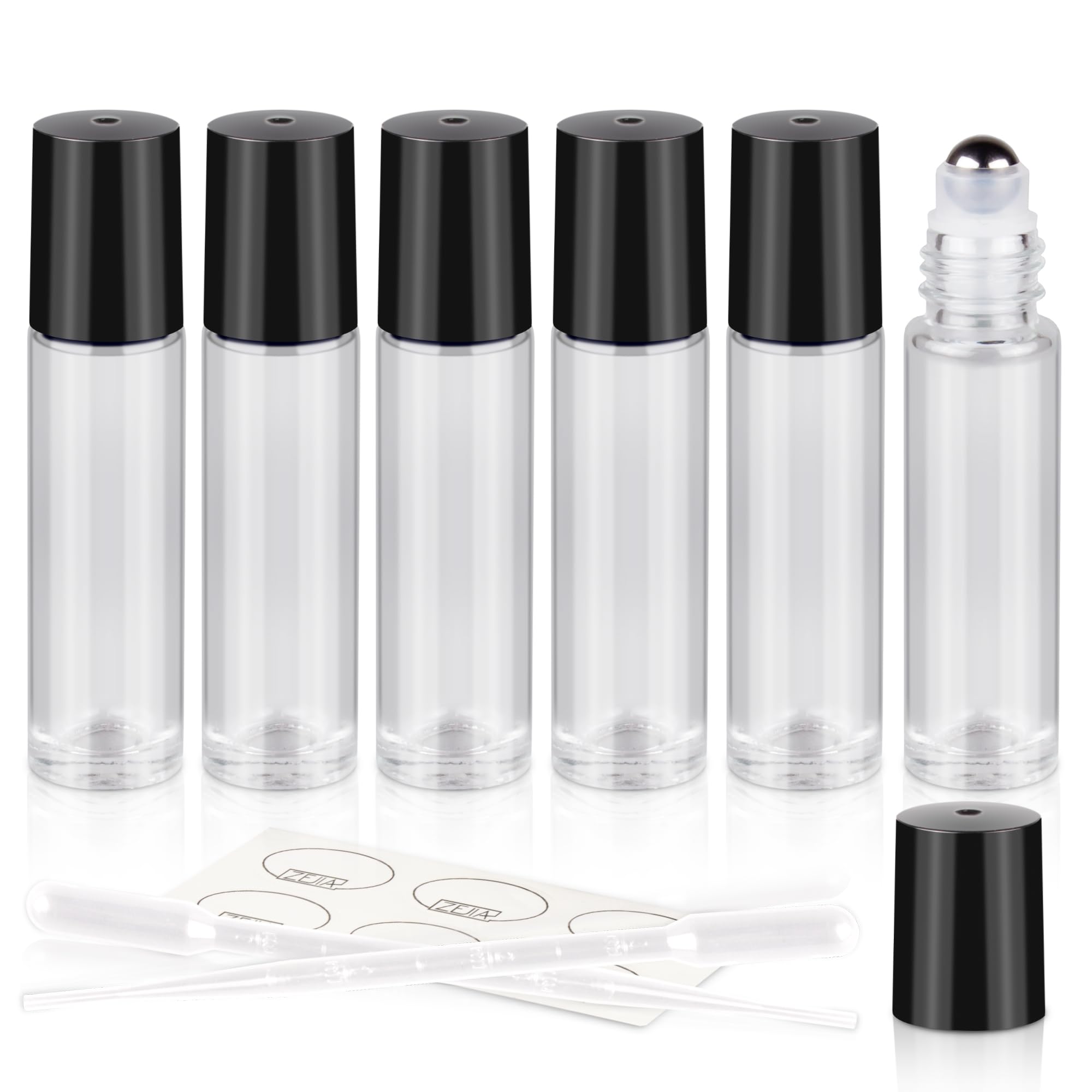 Zejia 10Ml Roller Bottles For Essential Oils, 6 Pack Clear Roll On Bottles, Thick Glass Roller Bottles For Oils, With Stainless