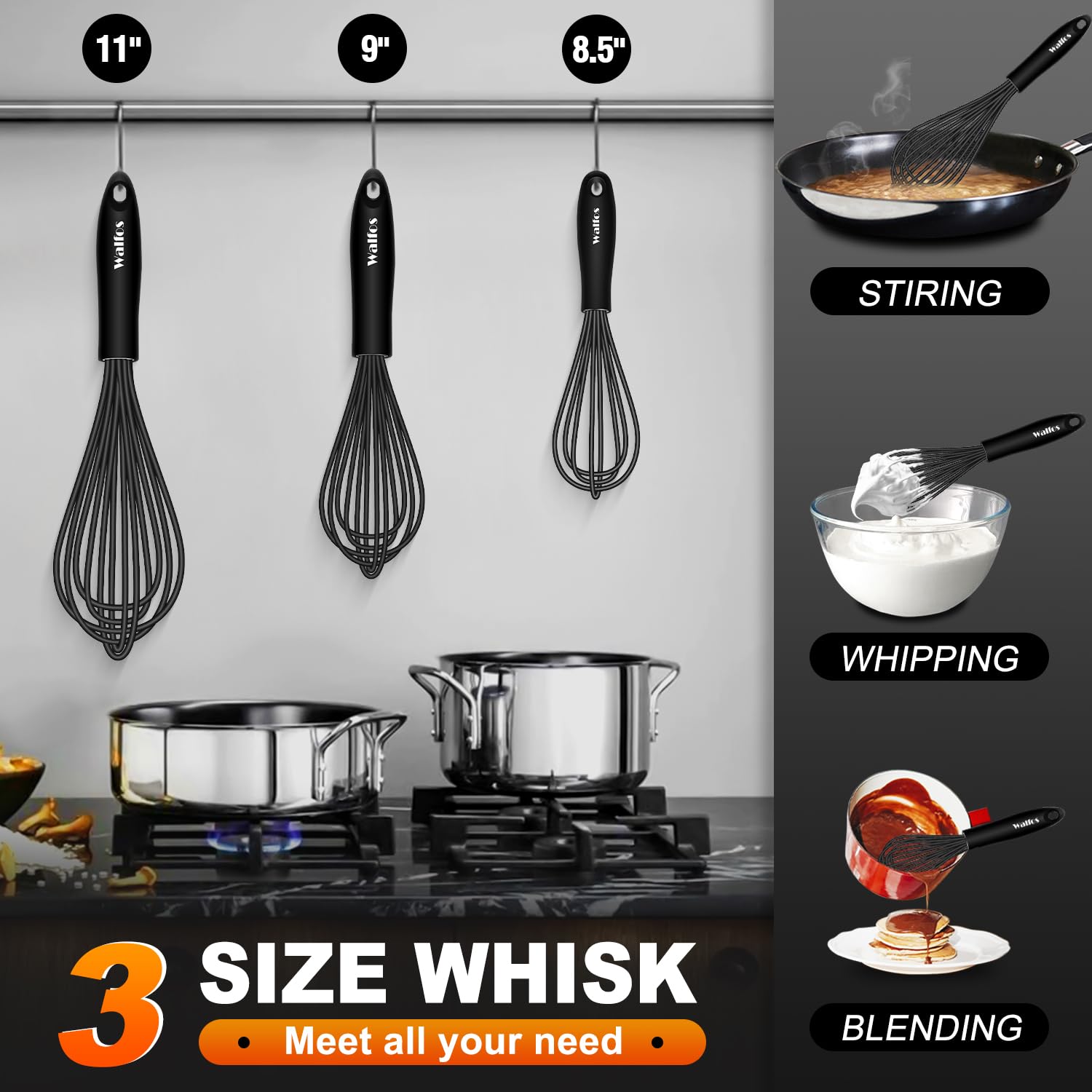 Walfos Silicone Whisk,Stainless Steel Wire Whisk Set Of 3 -Heat Resistant 480F Kitchen Whisks For Non-Stick Cookware,Balloon Egg