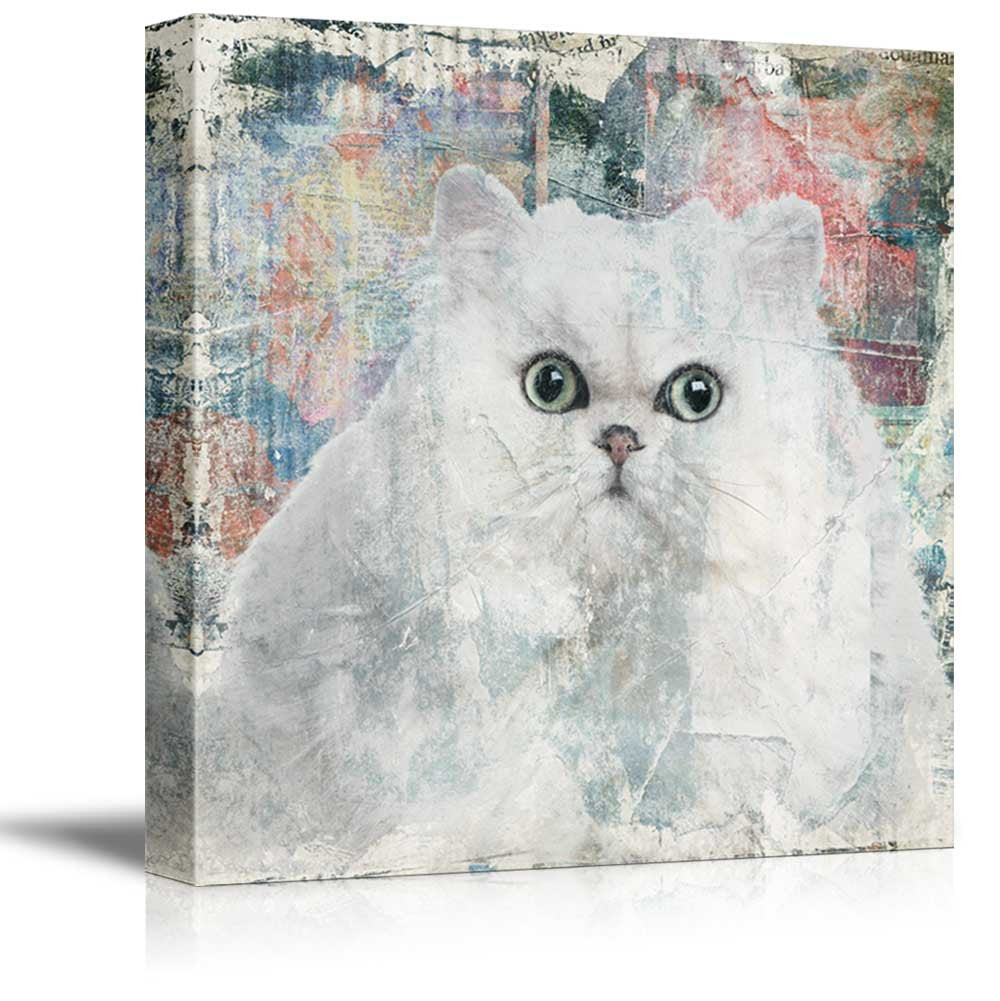 Wall26 Square Cat Series Canvas Wall Art - A White Cat On Grunge Colorful Background - Giclee Print Gallery Wrap Modern Home Art