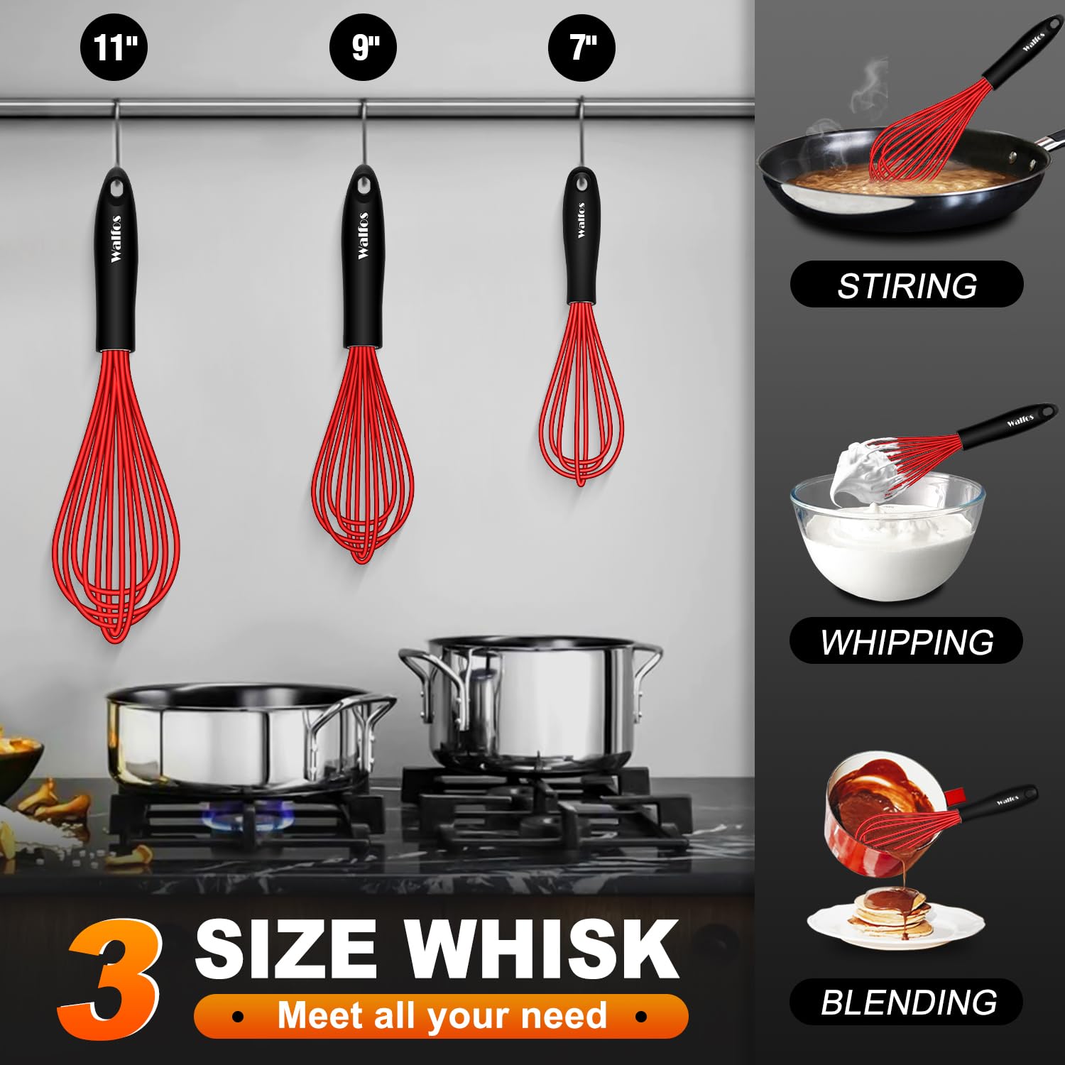 Walfos Whisk,Silicone Whisks- Heat Resistant(480F) Silicone Whisks For Cooking Non Scratch,Bpa Free And Dishwasher Safe.Perfect