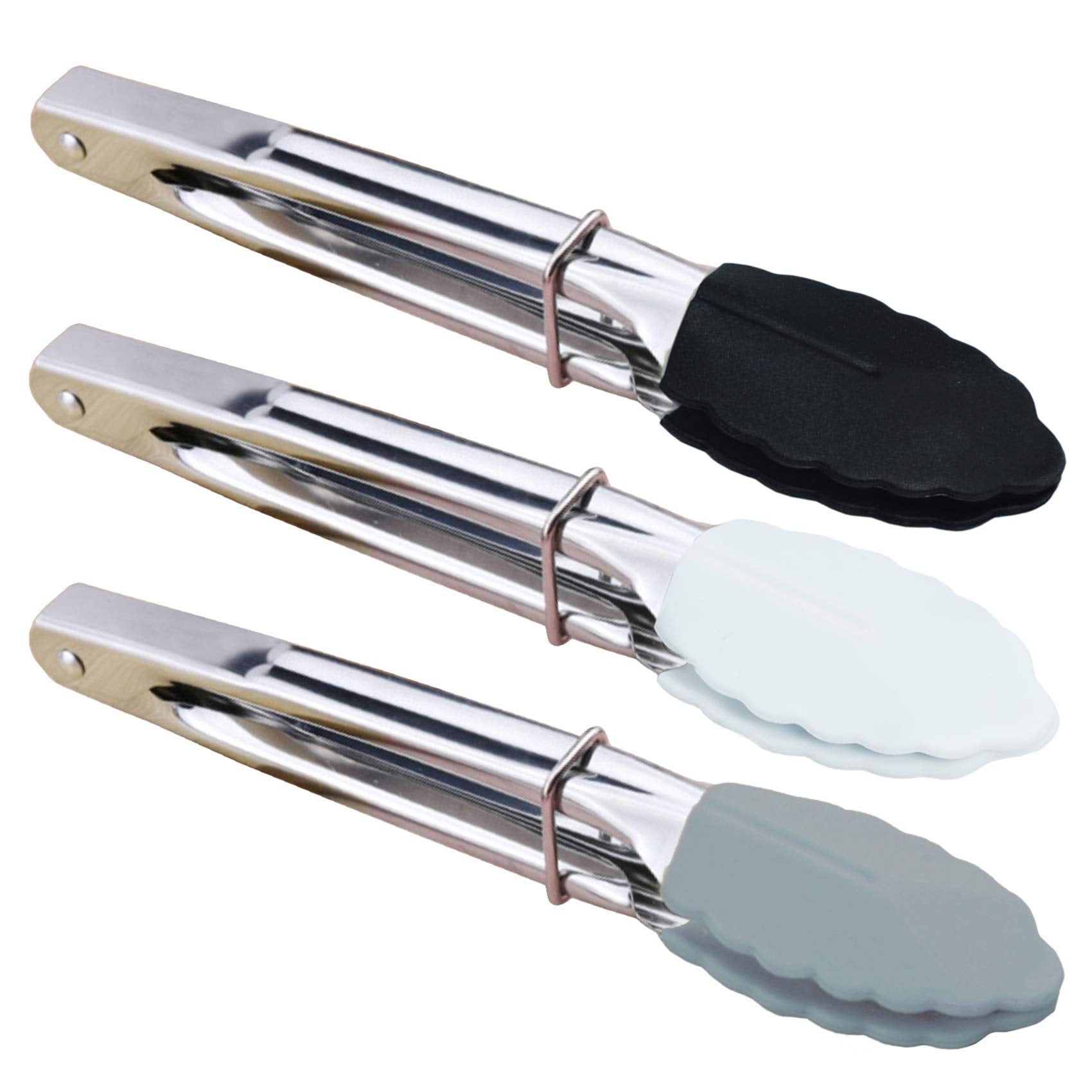 Hinmay Mini Tongs With Silicone Tips 7-Inch Small Serving Tongs, Set Of 3 (Black White Gray)