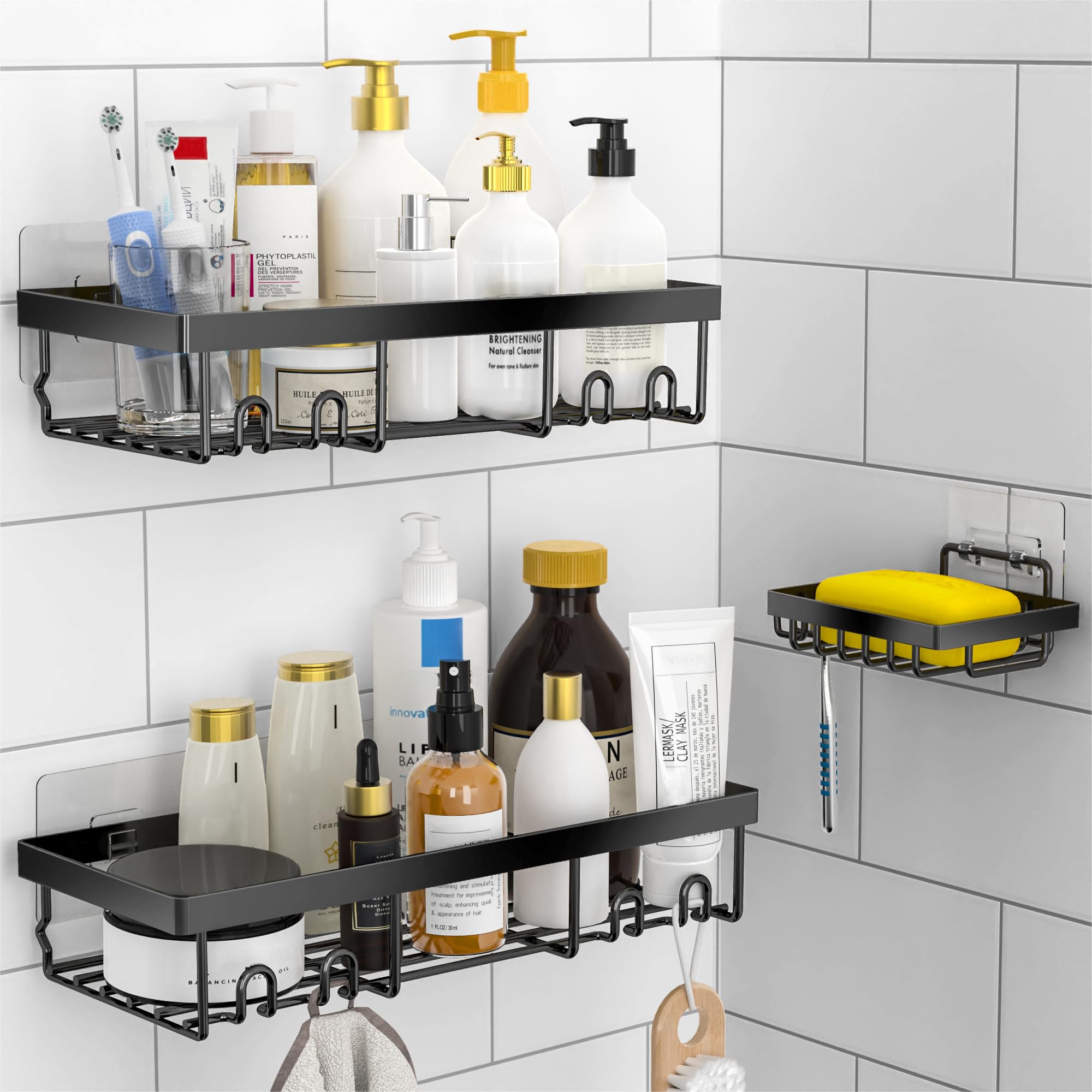 Moforoco Shower Caddy Basket Shelf with Soap Holder  No Drilling Traceless Adhesive Shower Wall Shelves  Rustproof Bathroom Shower Storage Organizer