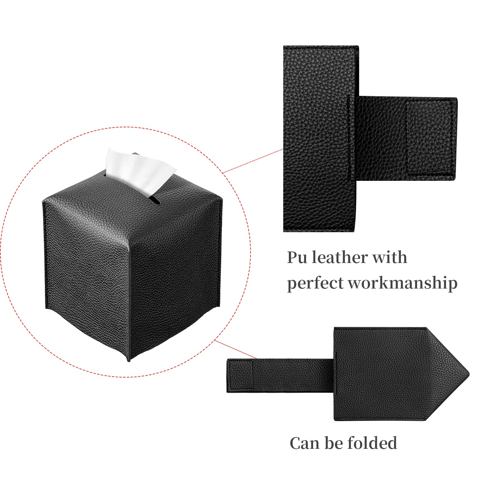 REGELETO Square Tissue Box Cover  Pu Leather Tissue Box Holder with Bottom Belt Modern Stylish Tissue Box Organizer for Bathroom  Bedroom  Hotel  Office Desk 5''X5''X5'' (Black)