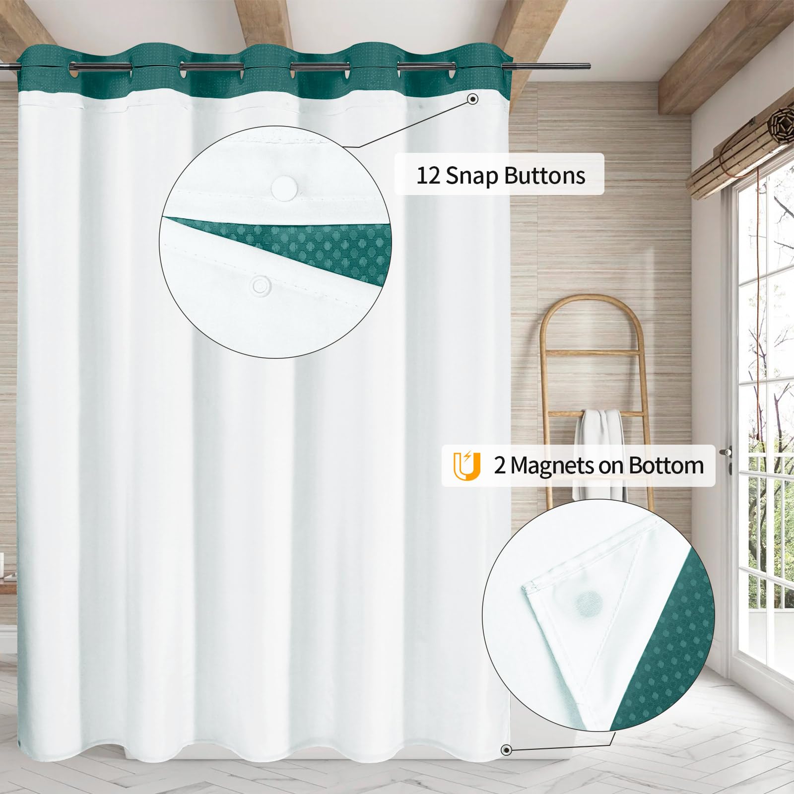 Mitovilla No Hooks Needed Extra Long Shower Curtain Set With Snap-In Liner, Green 86 Inch Xl Heavyweight Waffle Cloth Shower Cur