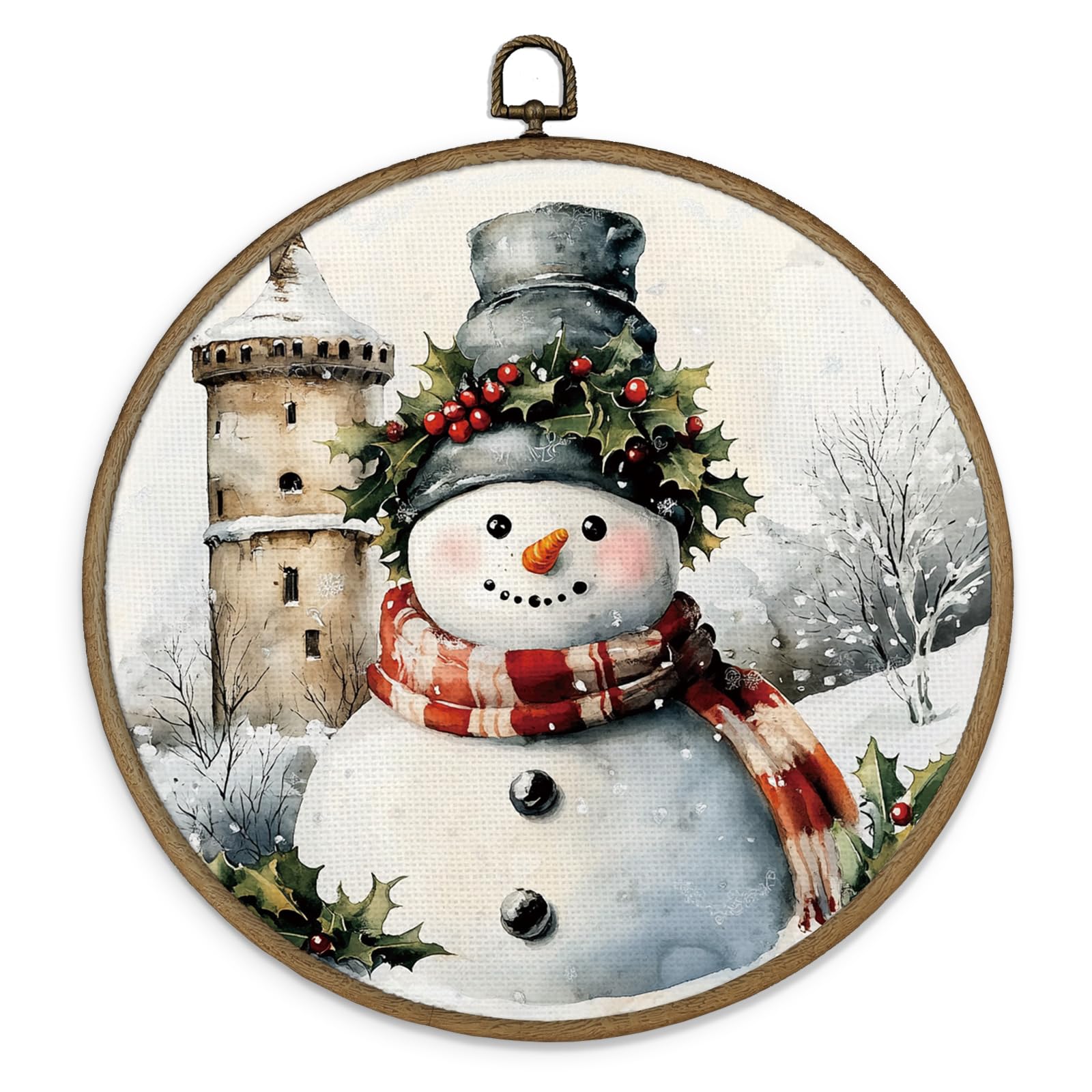 Maqika Snowman Christmas Framed Wall Art Decor, Snowman Wall Decor, Rustic Christmas Round Wall Hanging Decor, Winter Snowman Pi