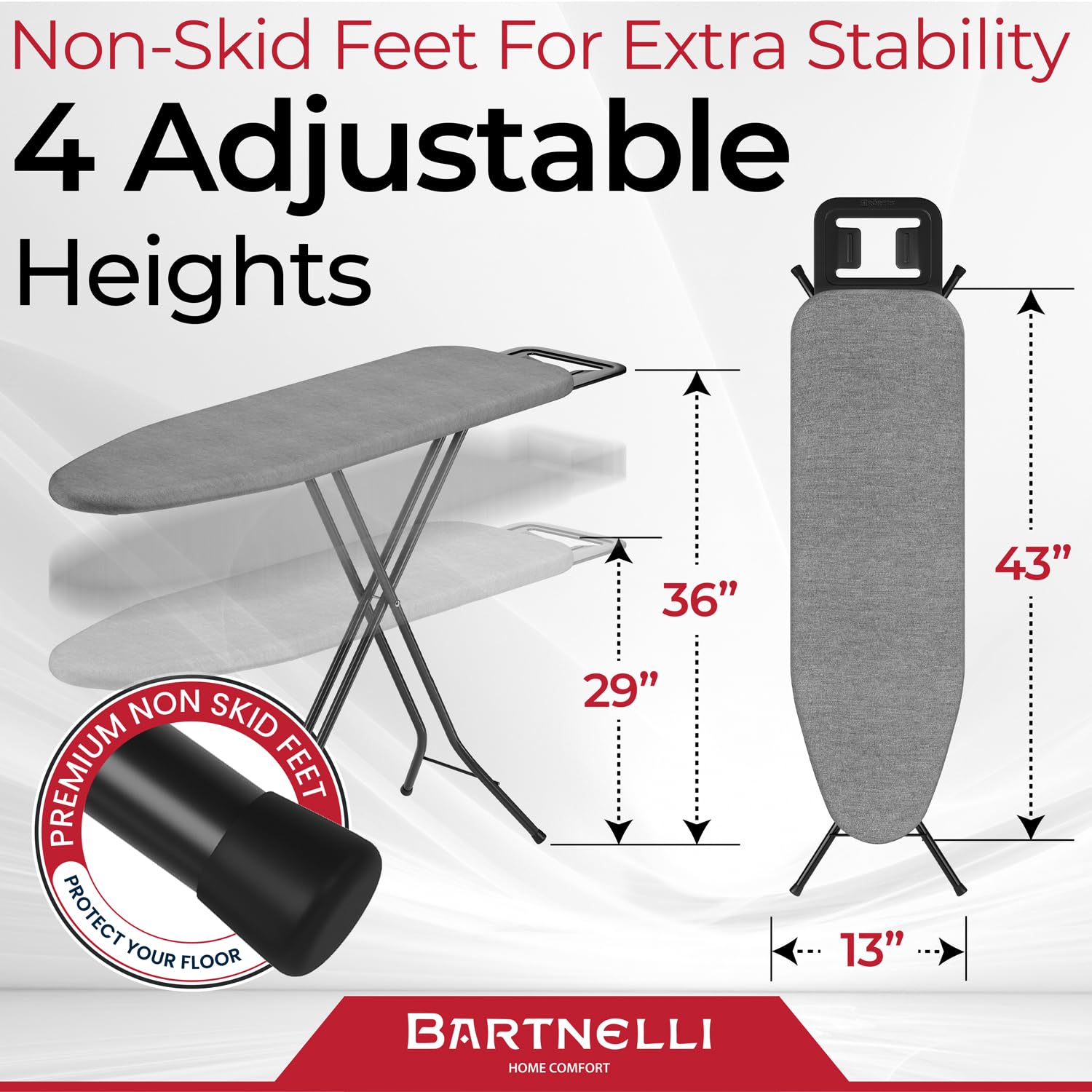Bartnelli Ironing Board Made In Europe  Iron Board With 4 Layered Cover & Pad, Height Adjustable Up To 36 Features A Safety Iron