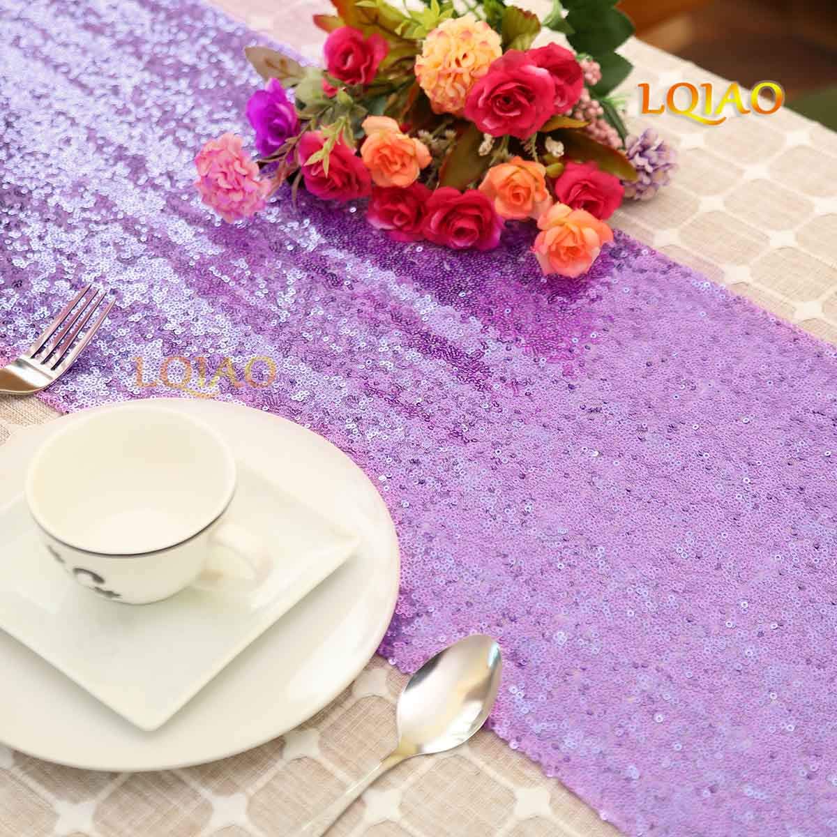 Lqiao Lavender Table Runner Glitter Sequin Table Runner 12X108 Inches For Bridal Baby Shower Girls Birthday Party Sweetheart Tab