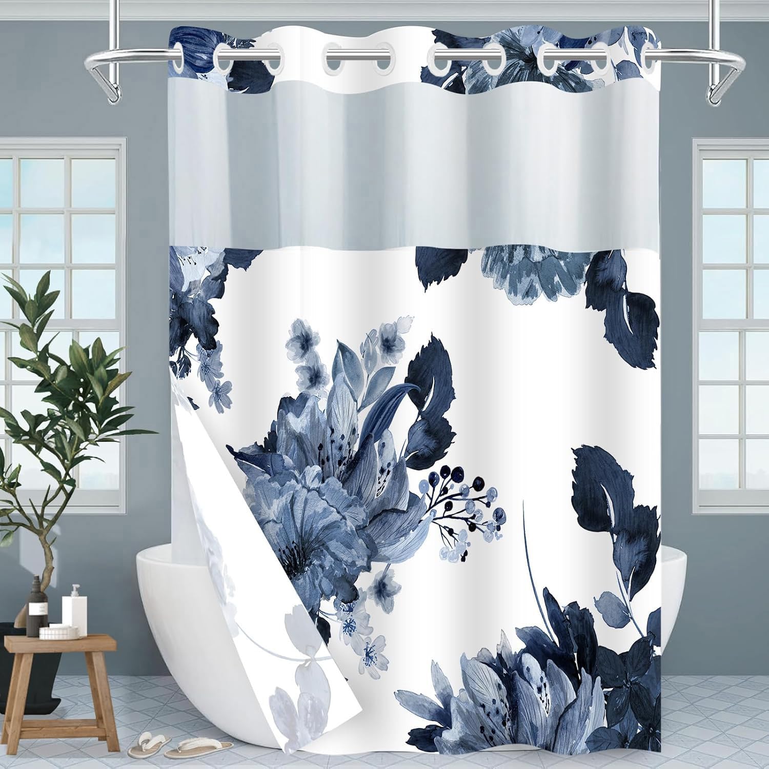 Sscrcusly No Hook Shower Curtain With Snap In Liner Set, Blue And White Floral Watercolor Shower Curtain For Bathroom, Modern Ho