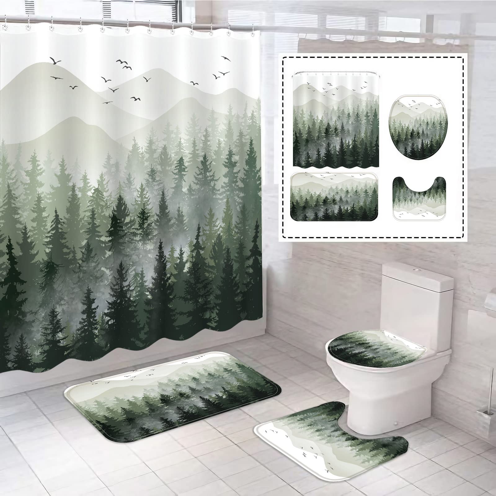 Fungarth 4 Pcs Green Misty Forest Shower Curtain Set With Rug Nature Mountain Bathroom Sets With Waterproof Fabric Shower Curtai