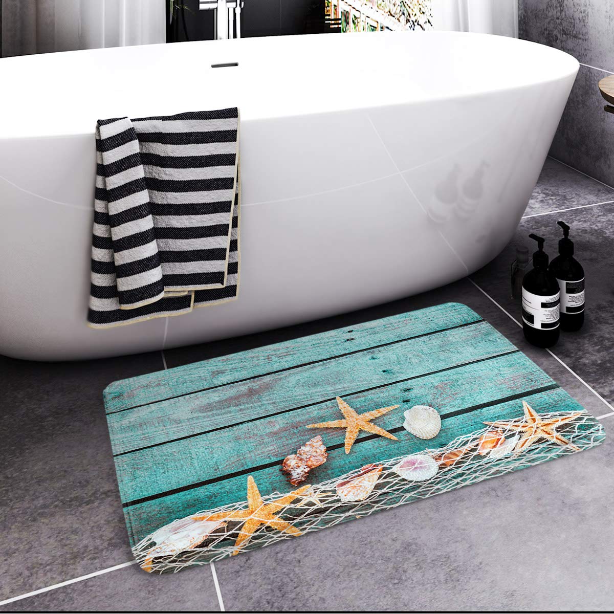 Britimes Bath Mat For Bathroom, Bathroom Mats Rugs No Silp, Beach Seashells Starfish Sand Washable Cover Floor Rug Carpets Floor