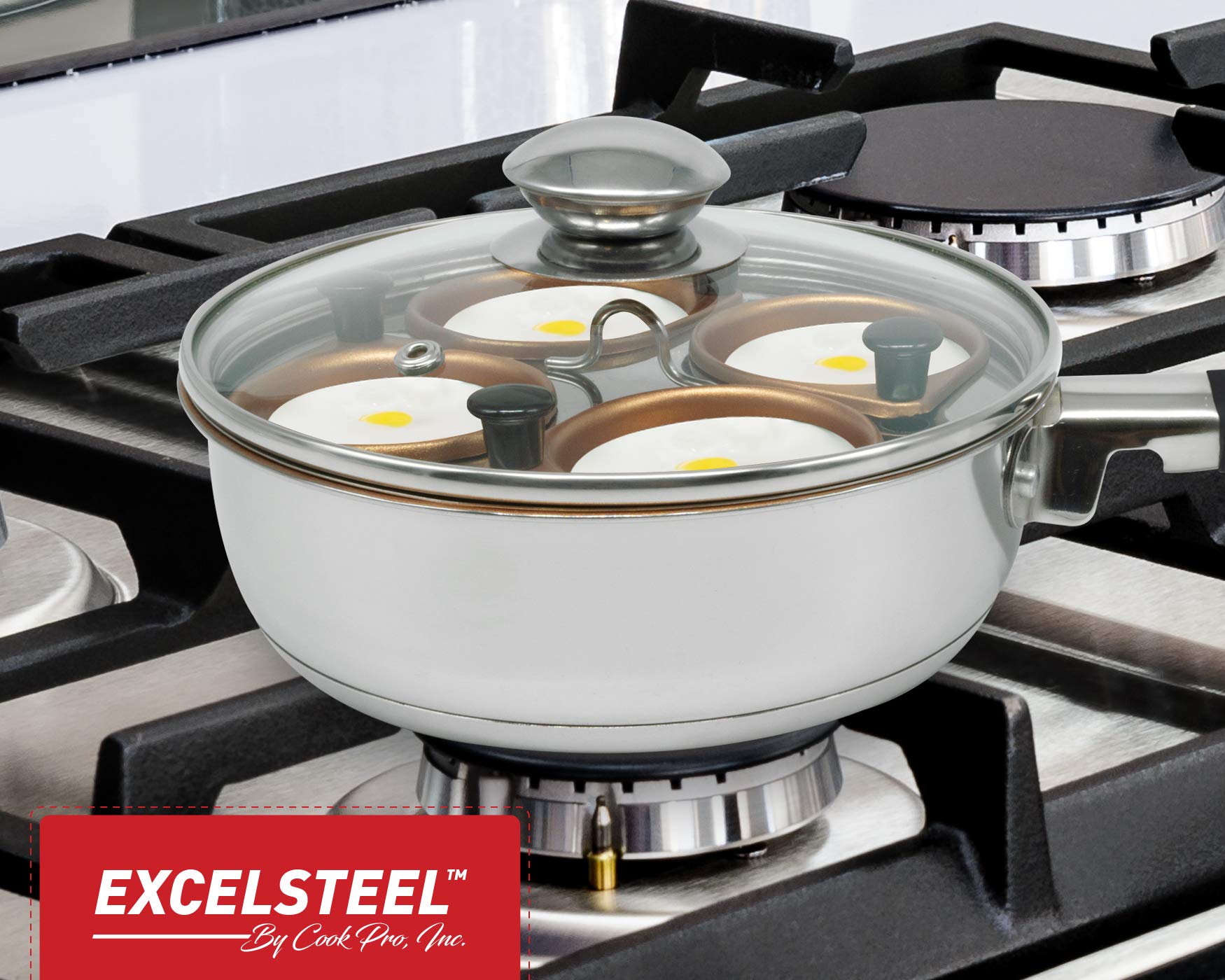 Excelsteel Non Stick Easy Use Rust Resistant Home Kitchen Breakfast Brunch Induction Cooktop Egg Poacher, 4 Cup, Gold Tone