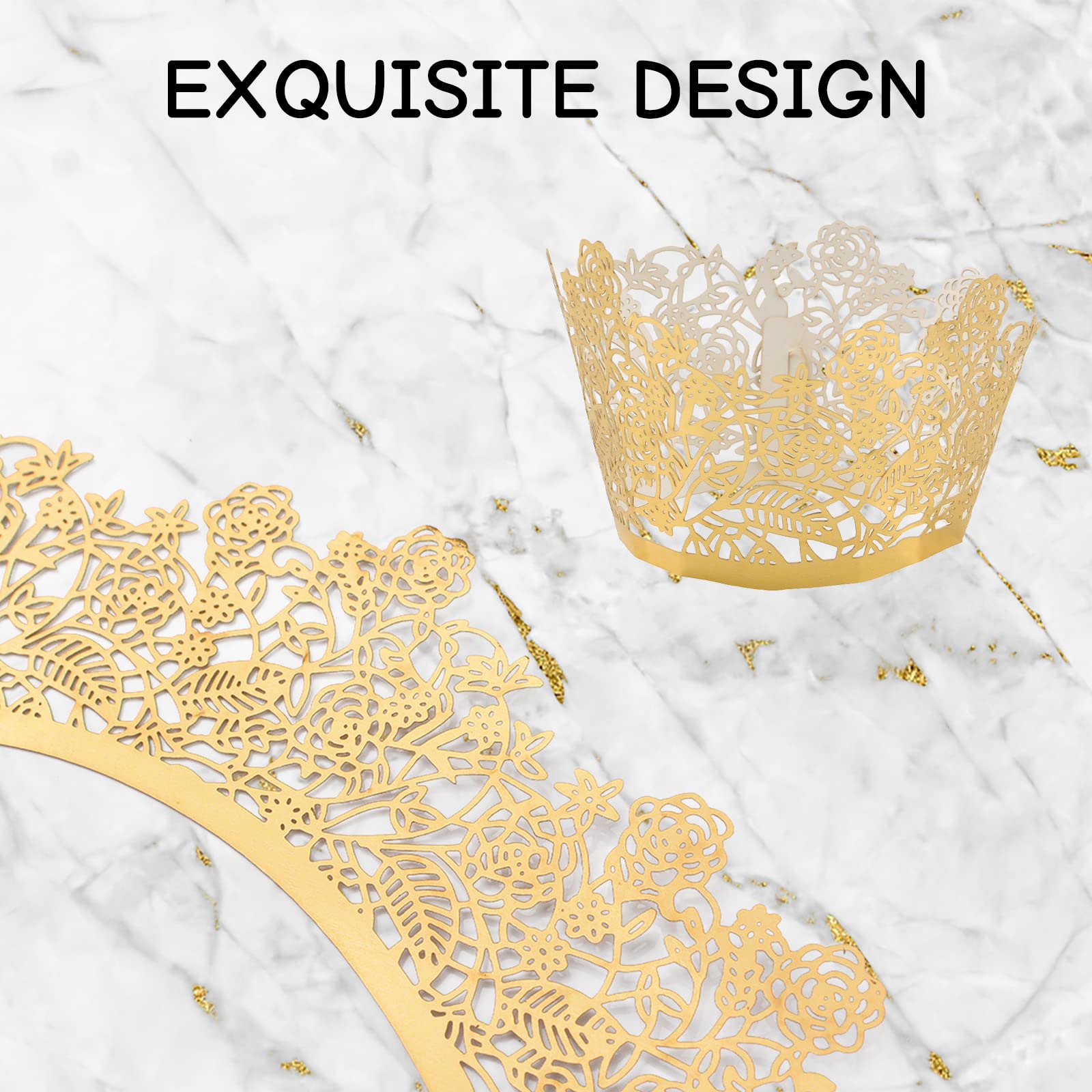 Urroma Gold Rose Lace Cupcake Wrappers, Vine Lace Cupcake Liners Laser Cut Cupcake Liners For Weddings Birthdays Tea Parties