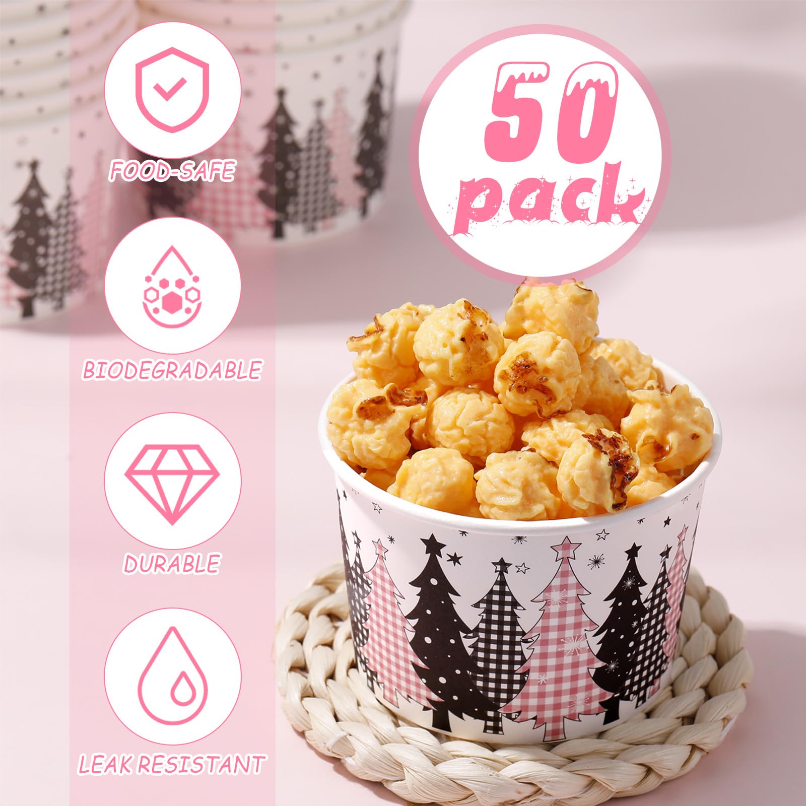 Funnymoom 50 Pack Christmas Tree Treat Snack Cups Pink Gingham Buffalo Plaid Paper Ice Cream Cups 9 oz Xmas Tree Disposable Dess
