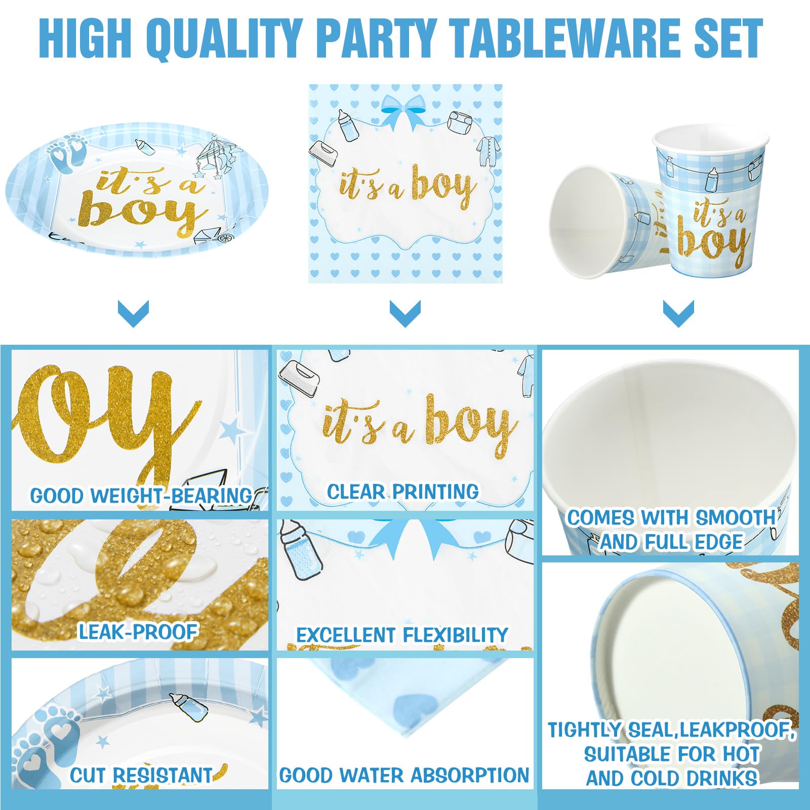 200 Pcs Blue Baby Shower Paper Plates Napkins Cups Boy Baby Shower Party Supplies Tableware Set Blue Disposable Cup Napkin For 5