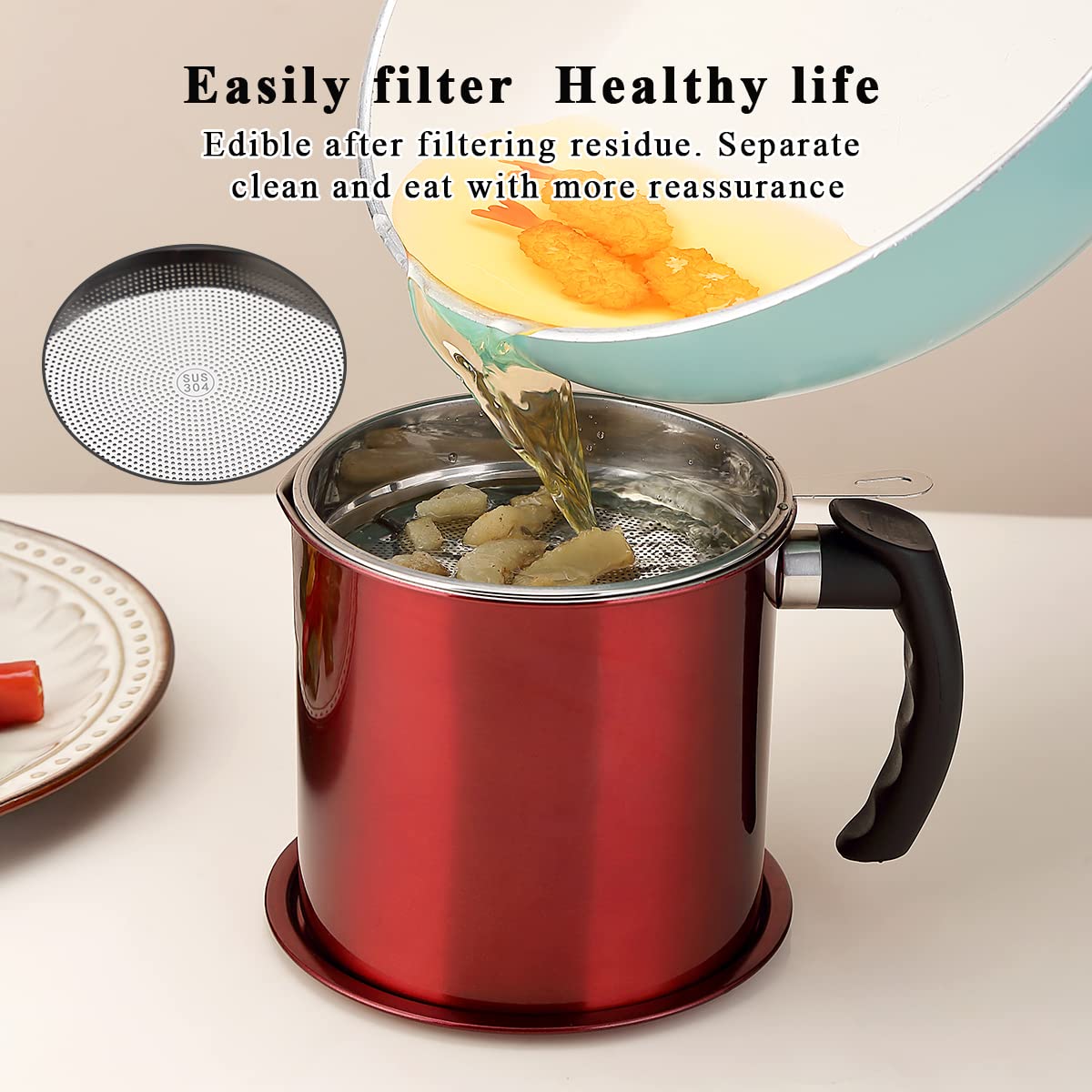 Kyraton Bacon Grease Container With Strainer  48 oz Metal Shining Red Stainless Steel Oil Container  Pot Fat Storage With Lid  Easy Grip Handle Suitable For Storing Frying Oil And Cooking Grease