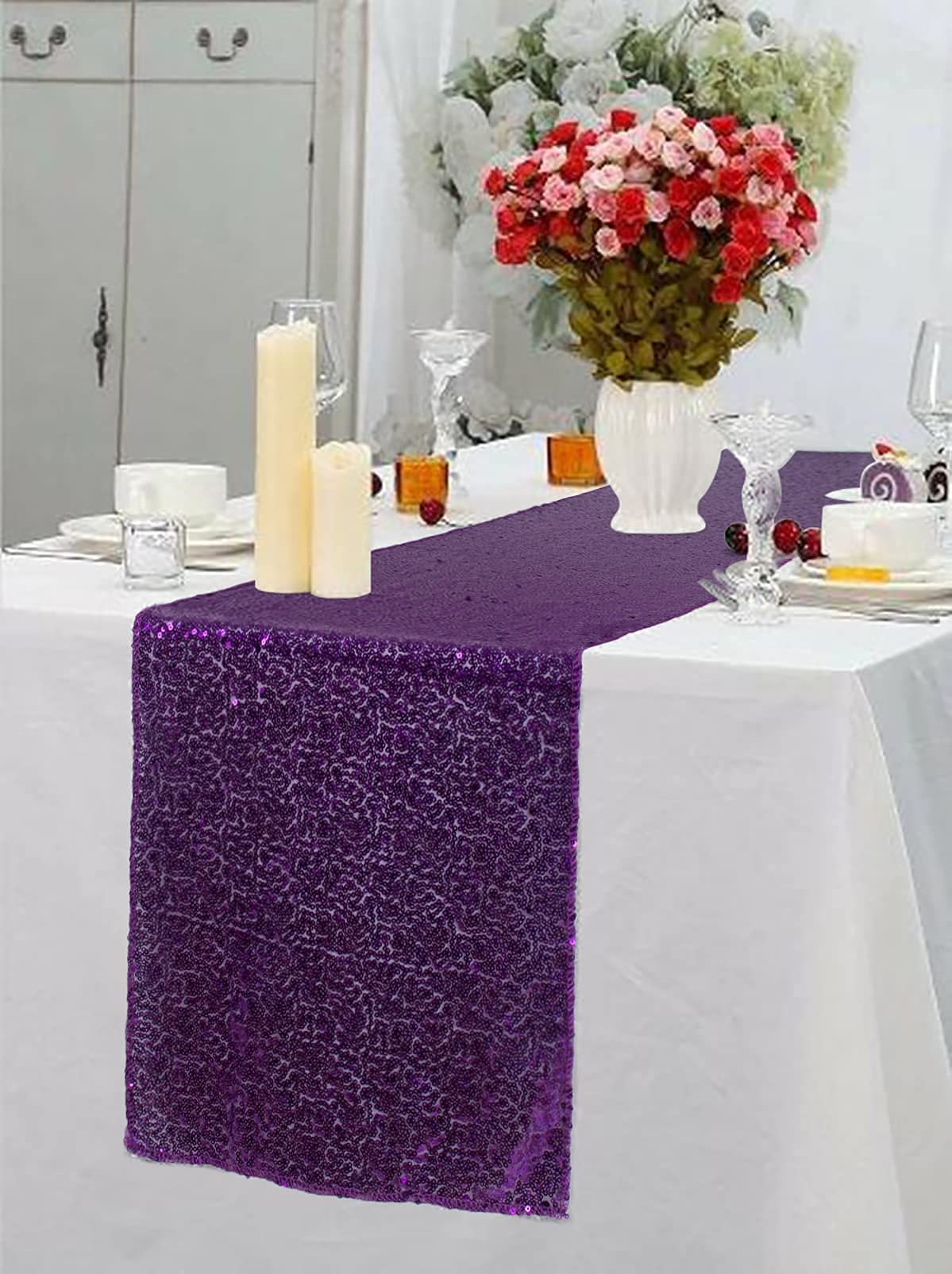 Amzlokae Sequin Table-Runner-Purple 2Pack Wedding Table Runner-12X120 Inch Purple Table Runners For Decoration Rectangle Glitter