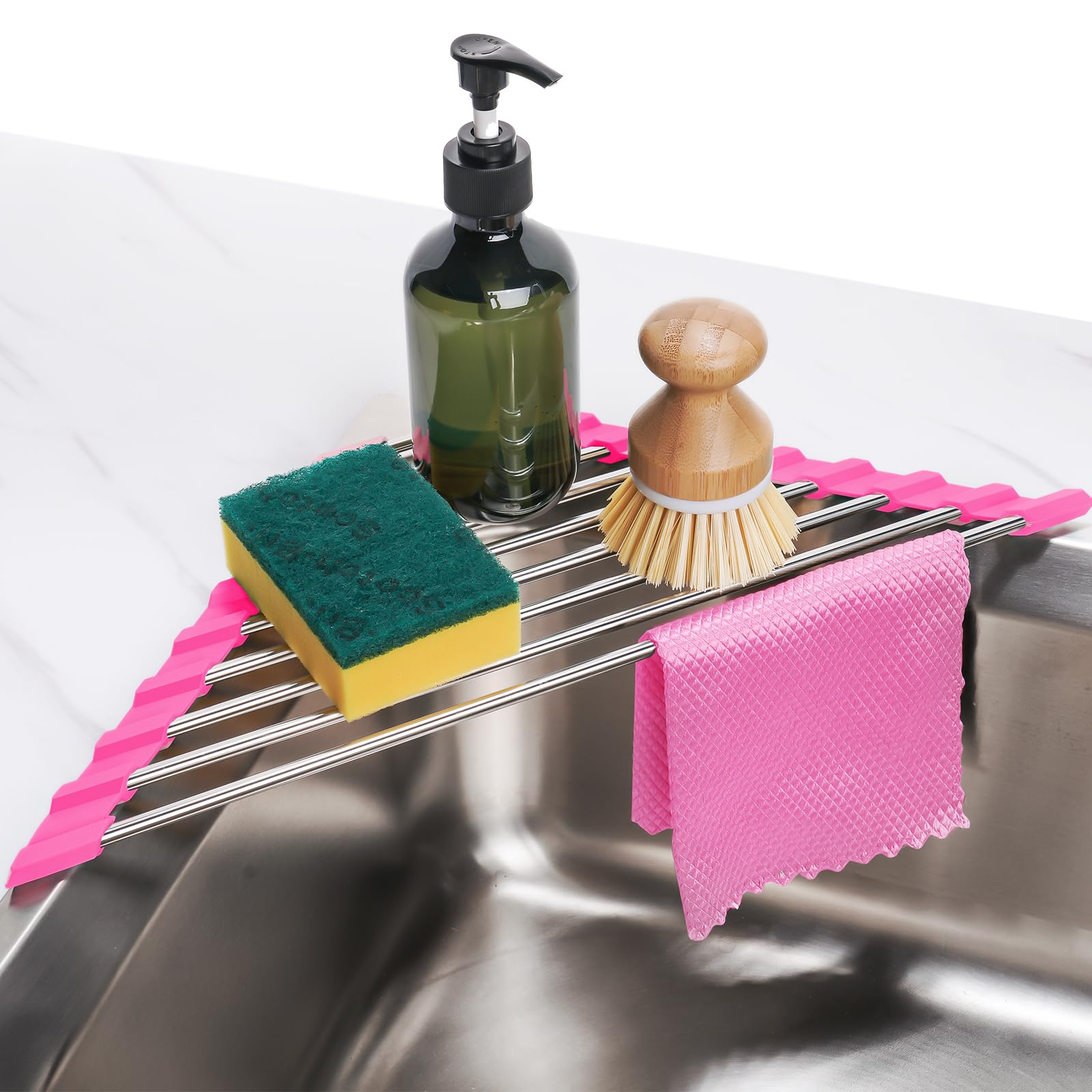 Tomorotec Triangle Roll-Up Dish Drying Rack for Sink Corner - Small, Foldable, Stainless Steel, Multipurpose Kitchen Drainer Cad