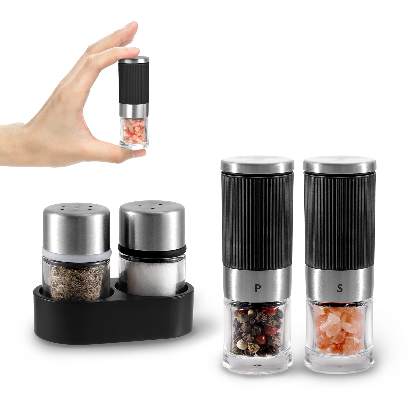 VEVOK CHEF Mini Salt and Pepper Grinder set with 2 Small Salt and Pepper Shakers Portable Cute Tiny Spice Grinder Pepper Mill Sa