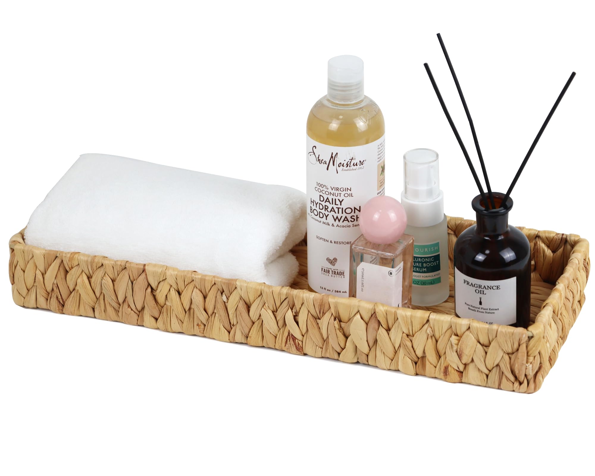 Bathroom Vanity Tray, 16.7 Inch Water Hyacinth Toilet Tank Baskets, Long Wicker Counter Tray for Paper Hand Towel, Bathroom Coun