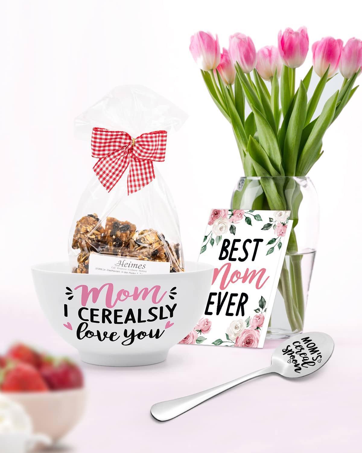 Mom'S Cereal Bowl And Spoon Set With Best Mom Ever Greeting Card Christmas Mother'S Birthday Engraved Gift Box Basket Idea For H