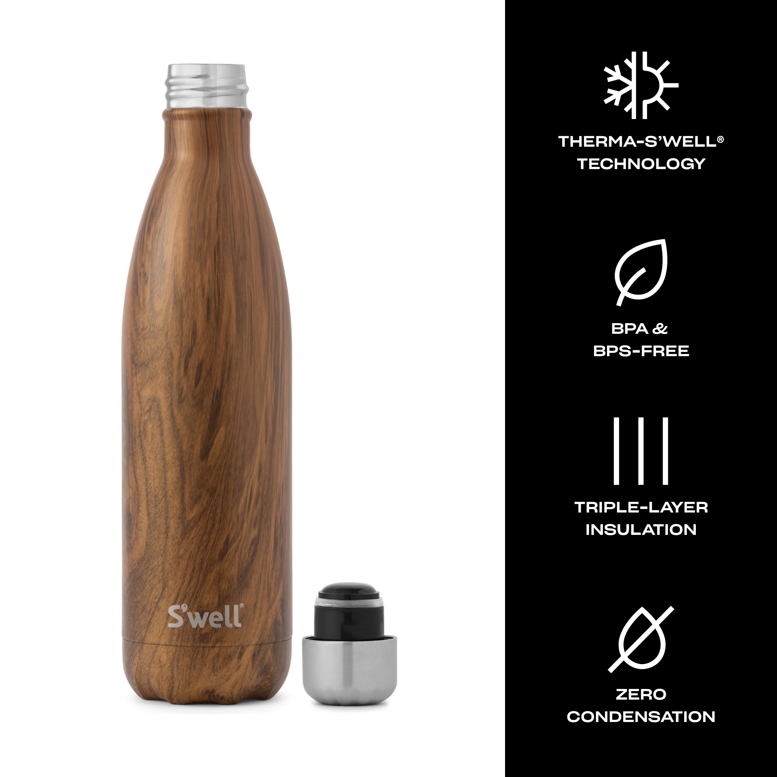 S'well Stainless Steel Water Bottle-25 Teakwood-Triple-Layered Vacuum-Insulated Containers Keeps Drinks Cold for 48 Hours and Hot for 24-BPA-Free-Perfect for the Go  25 fl oz