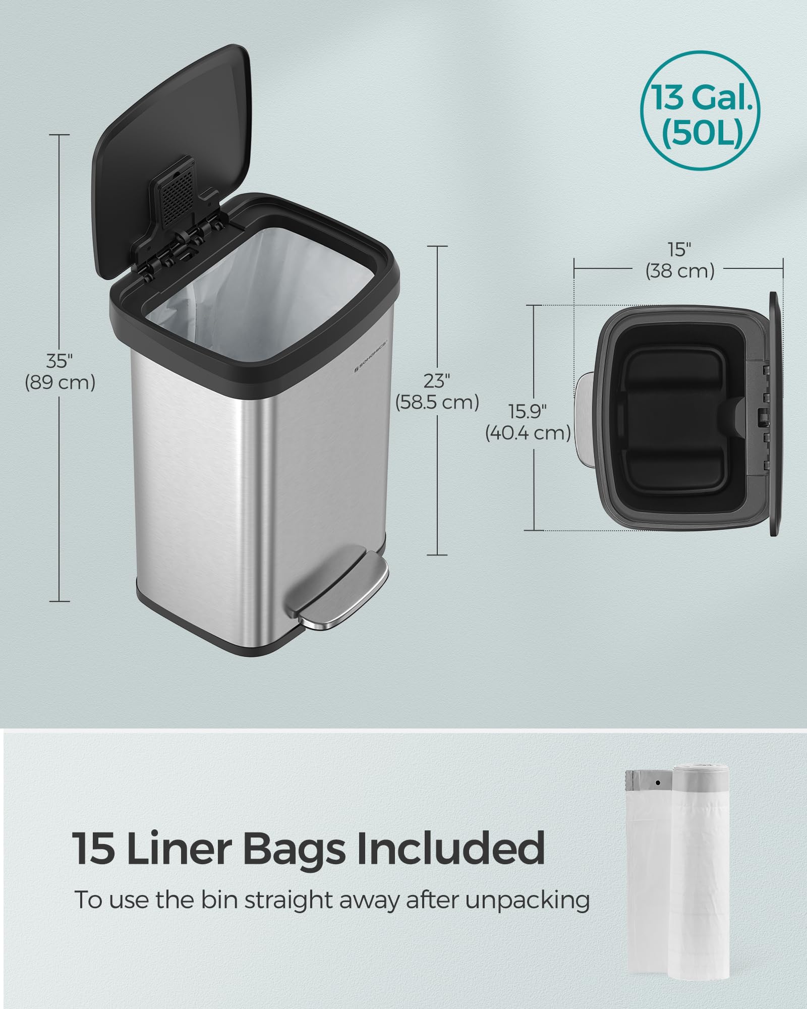 Songmics Kitchen Trash Can, 13 Gallon (50 L) Stainless Steel Garbage Can, With Stay-Open Lid And Step-On Pedal, Soft Closure, Ta