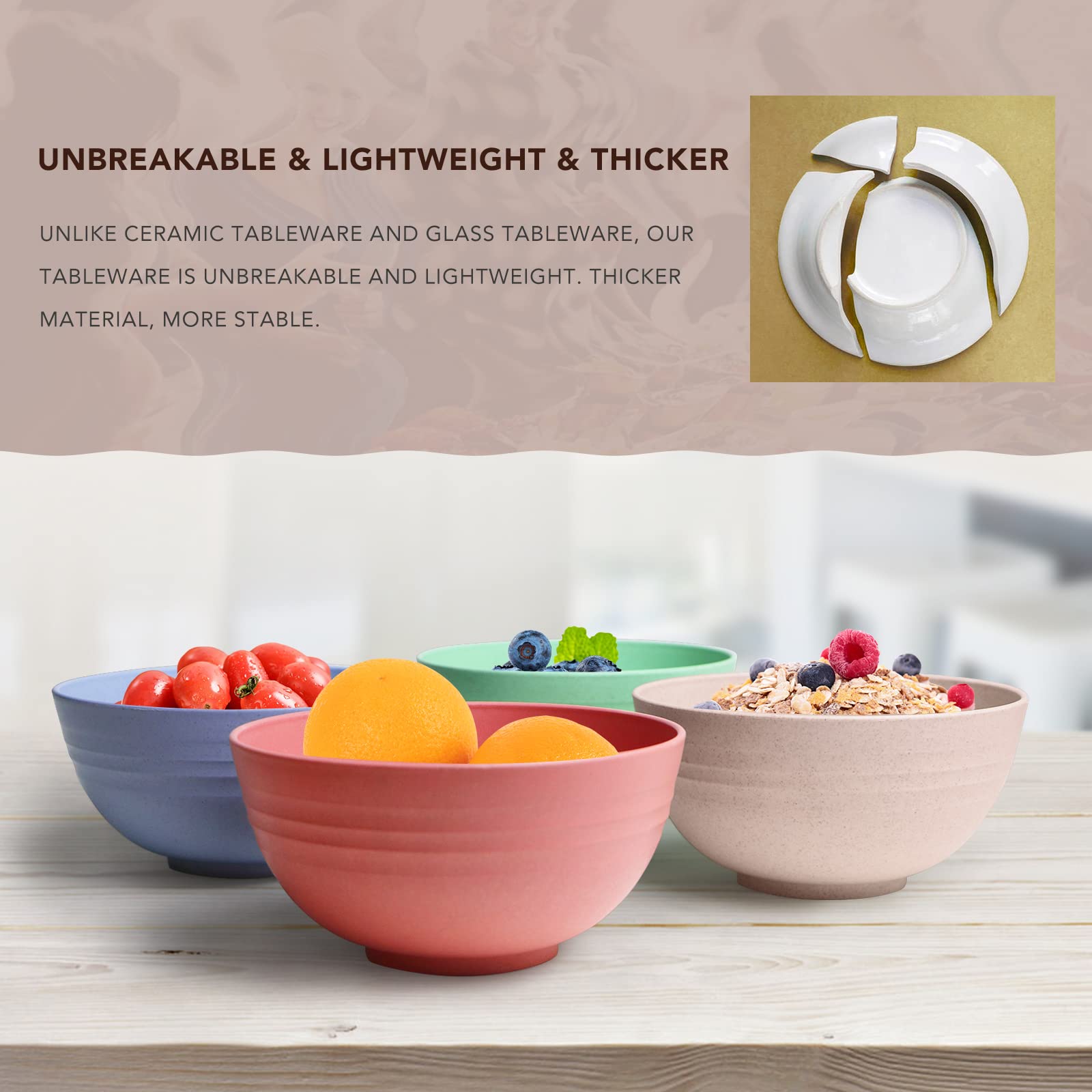 Greenandlife Lightweight & Unbreakable Wheat Straw Bowl - Noodle Fruit Soup Bowl Rice Bowls Dishwasher Microwave Safe Set 4Pcs