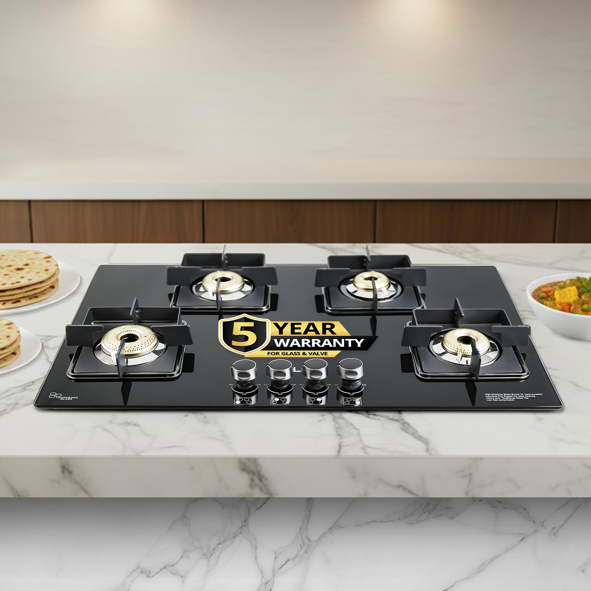 Ibell Flame 4 Burner Hob Gas Stove, Auto Ignition, Toughened Glass Top, Big Size (Brass, Black, 80 X 50 X 8 Cm)