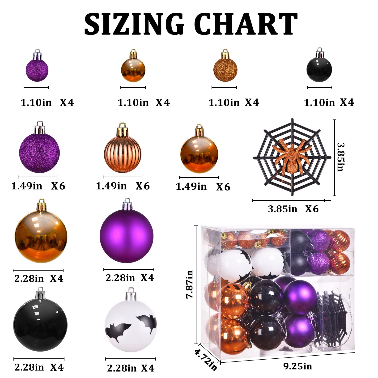 Pack of 56 Halloween Hanging Ball Ornaments, Shatterproof Balls Spider Bat Ornaments for Indoor Halloween Tree Decorations, Home