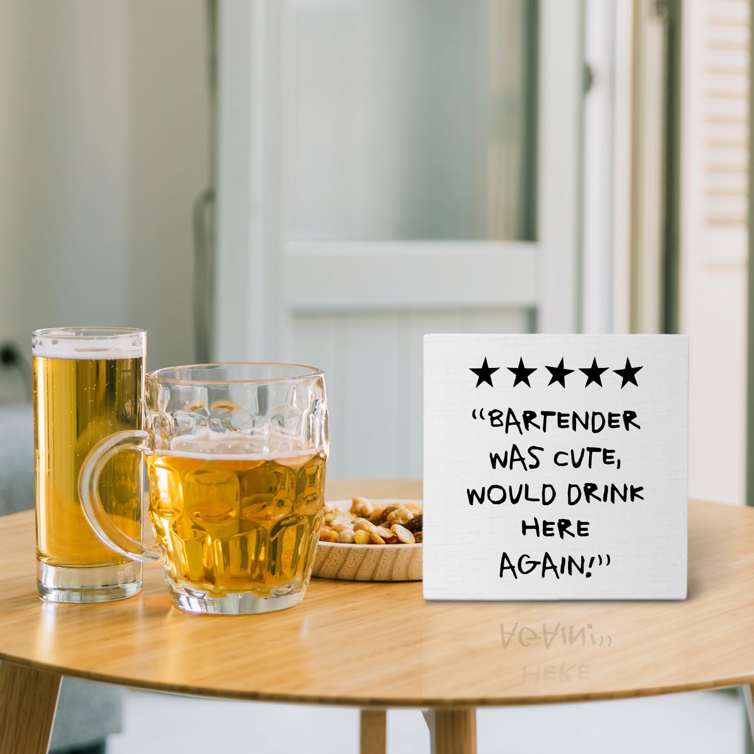 Nvotell Bar Signs, Bartender Was Cute Would Drink Here Again Wooden Box Sign, Funny Wood Block Plaque for Home Bar Cart Desk She