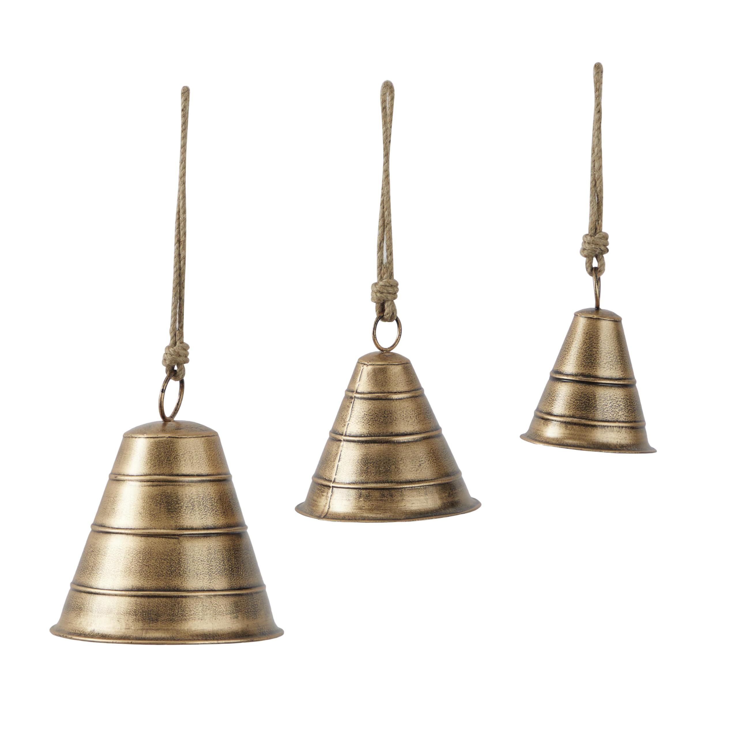 Deco 79 Metal Tibetan Inspired Decorative Cow Bell with Jute Hanging Rope, Set of 3 10, 8, 5H, Bronze