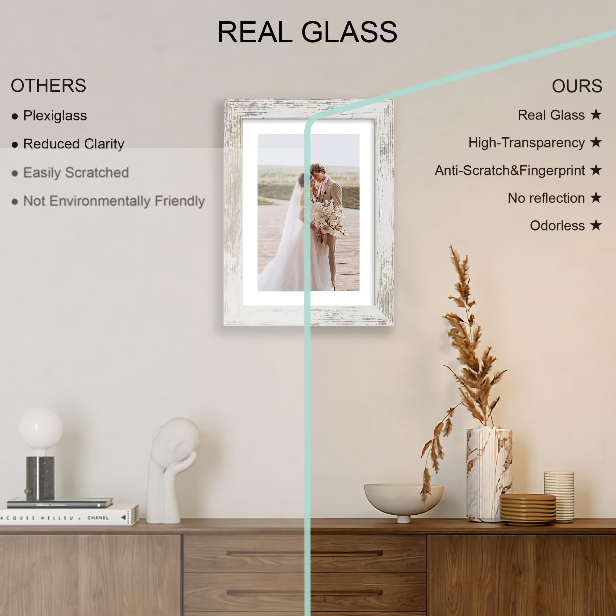 Hongkee 7x10 Picture Frame Set of 4, Made of Real Glass and Distressed White Frame - Display Picture 5.5x8.5 with Mat or 7x10 Wi