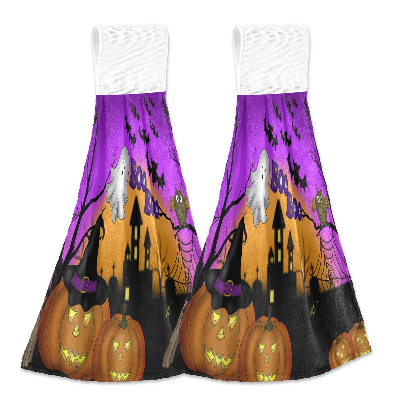 Boccsty Halloween Pumpkin Spooky Hanging Kitchen Towels 2 Pieces Ghost Dish Cloth Tie Towels Hand Towel Tea Bar Towels For Bathr