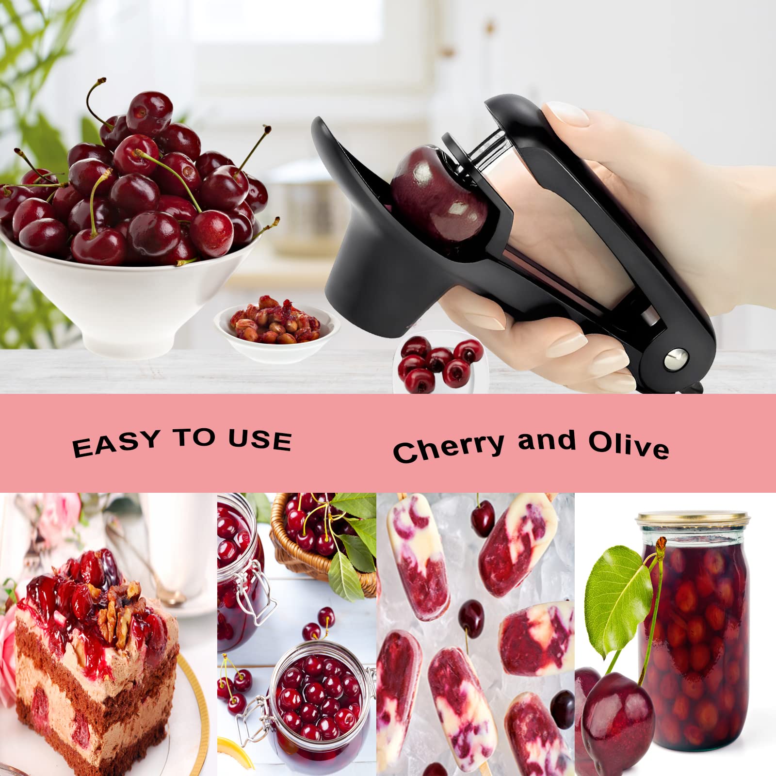 Cherry Pitter - Heavy-Duty Stainless Steel Olive and Cherry Pitters Corer Tool with Space-Saving Lock Design  Multi-Function Cherries Stoner Seed Remover Tool for Making Cherry Jam (Black)