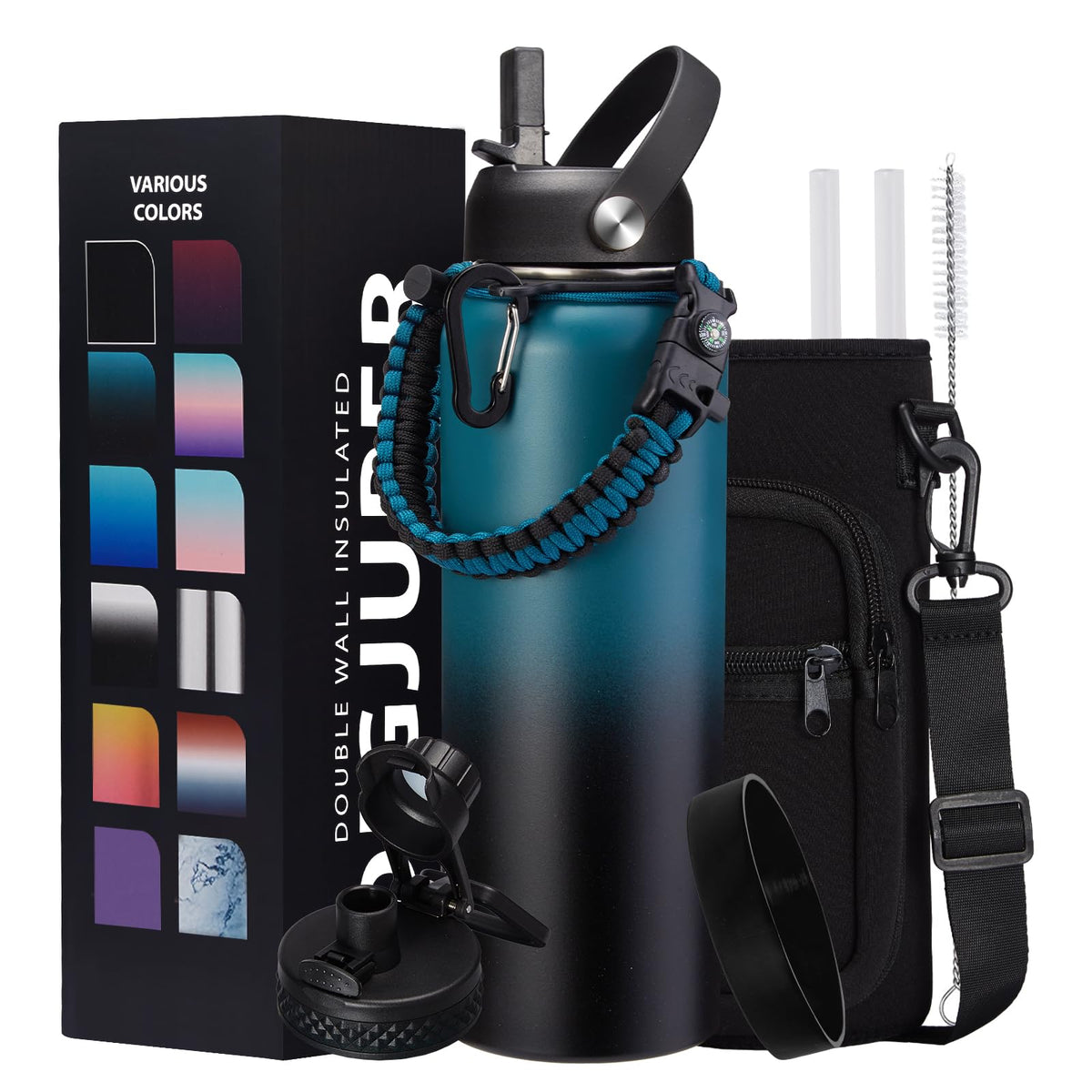 Vacuum Insulated Water Bottle 40Oz - With Straw & Spout Lids, Paracord Handle, Shoulder Carrier Bag, Sport Stainless Steel , Dou